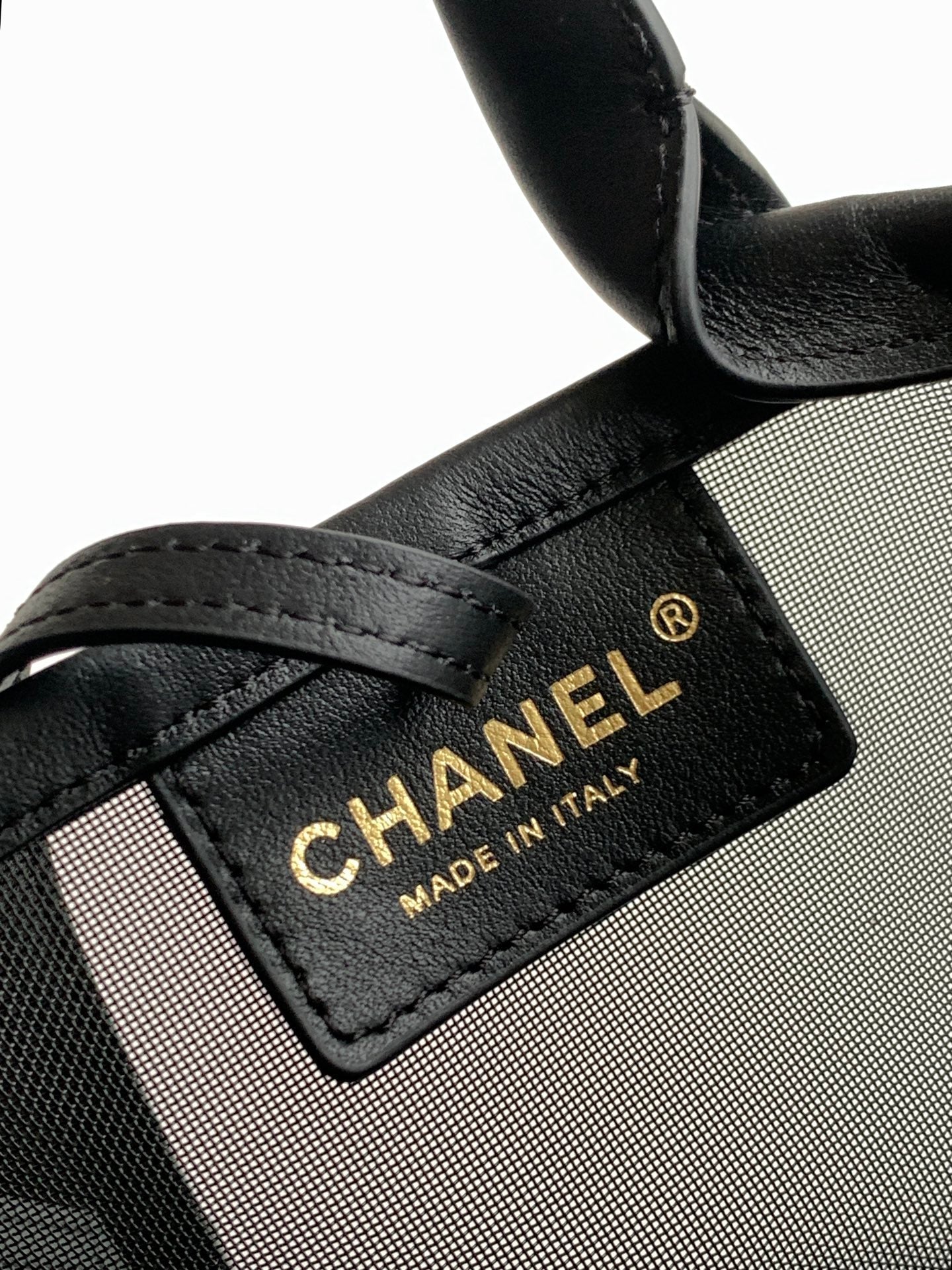 CC Large Bucket Bag Black Embroidered Mesh Calfskin