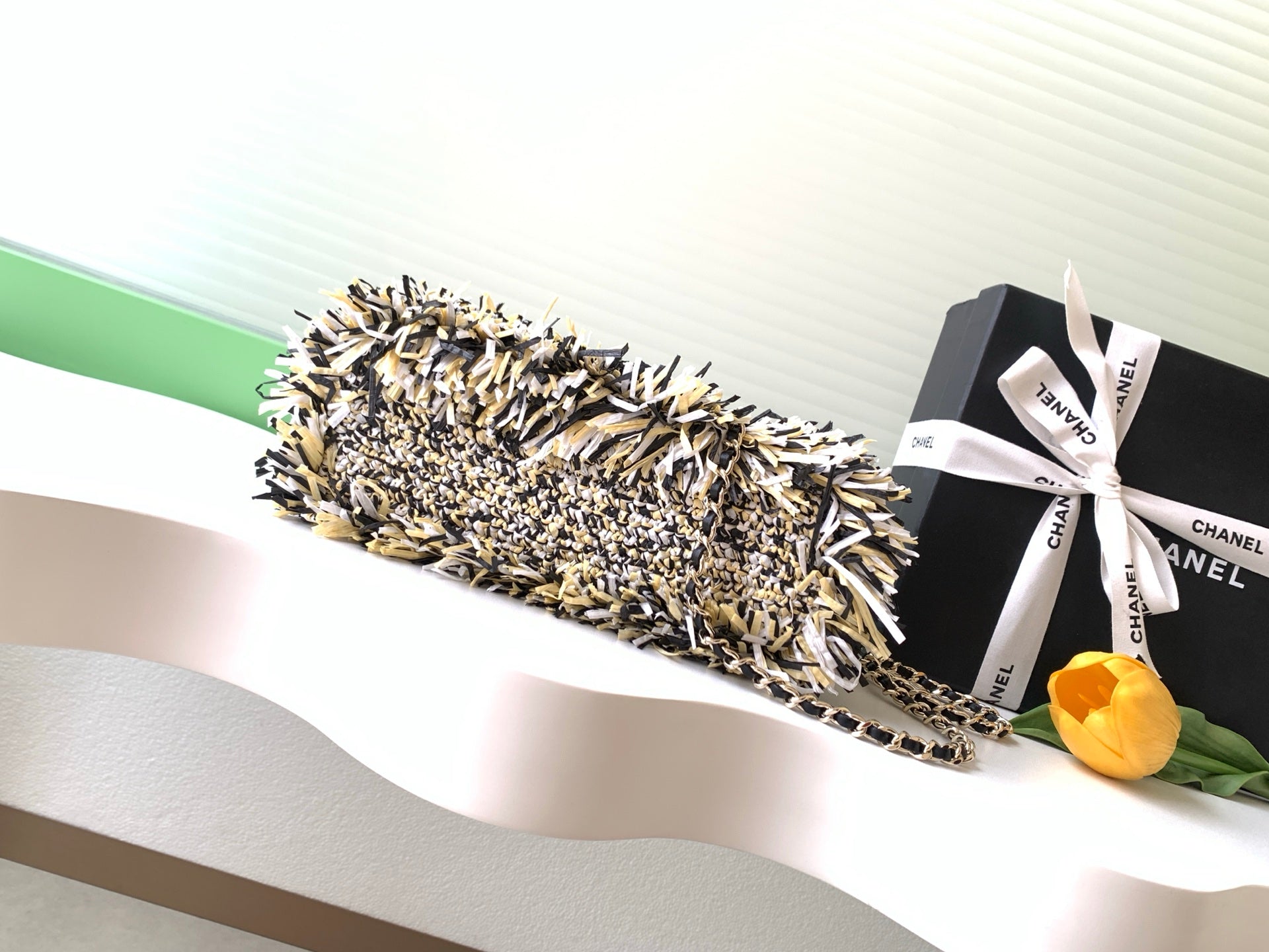 CC 2026 Mini Shopping Bag Black White Yellow Raffia Fringe