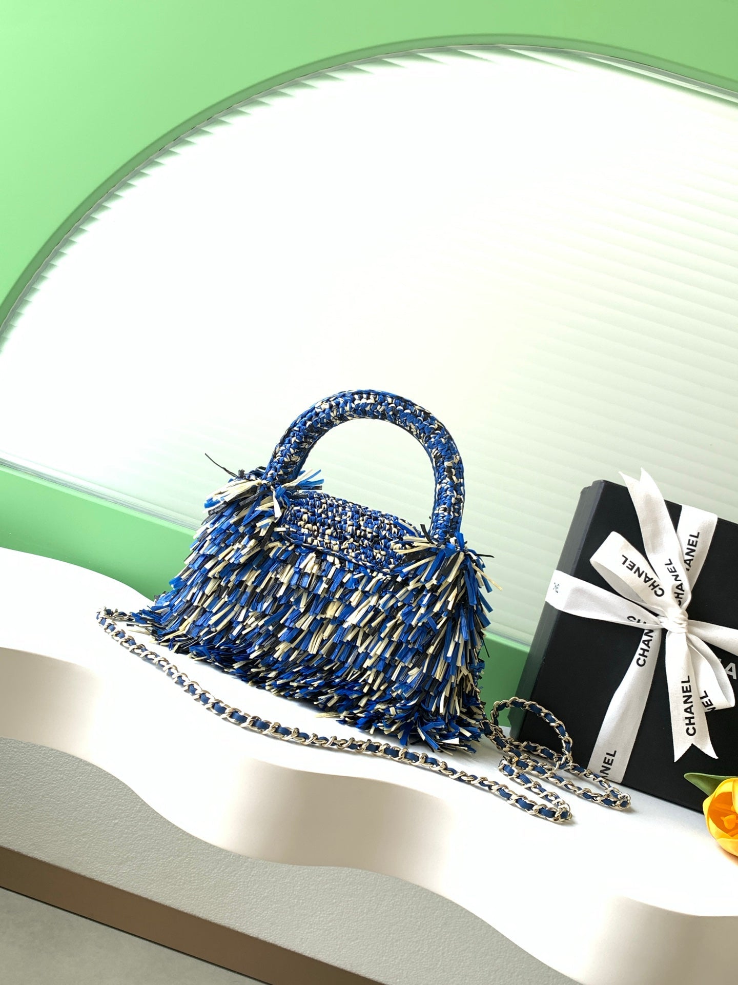 CC 2026 Top Handle Bag 19cm Blue White Raffia Leather 292256