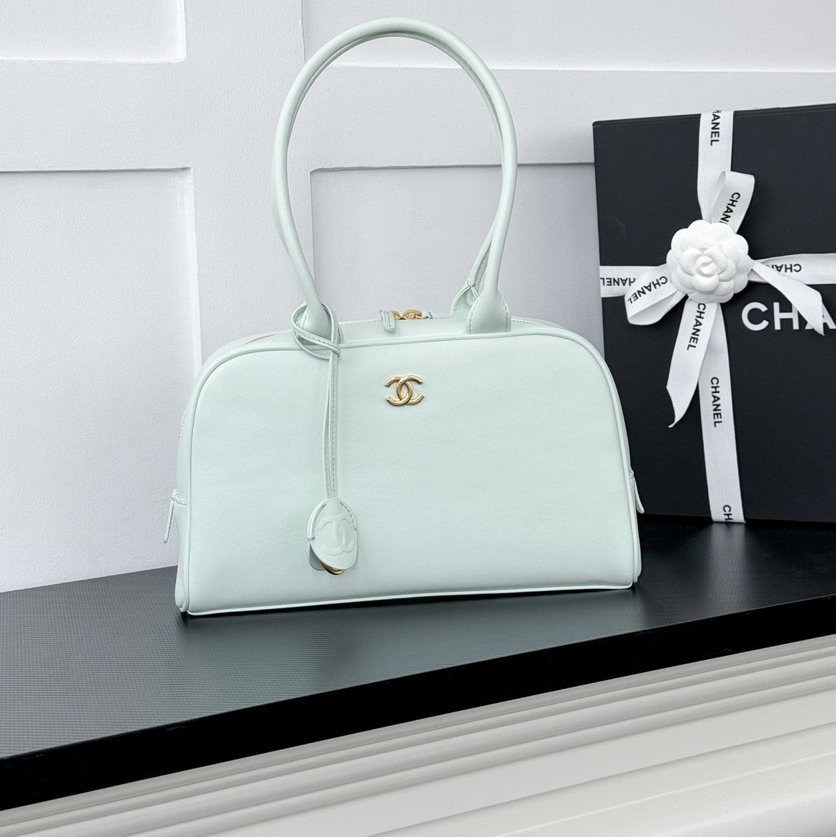 Chanel 2026 Pouch With Leather Strap 29cm Light Blue Calfskin