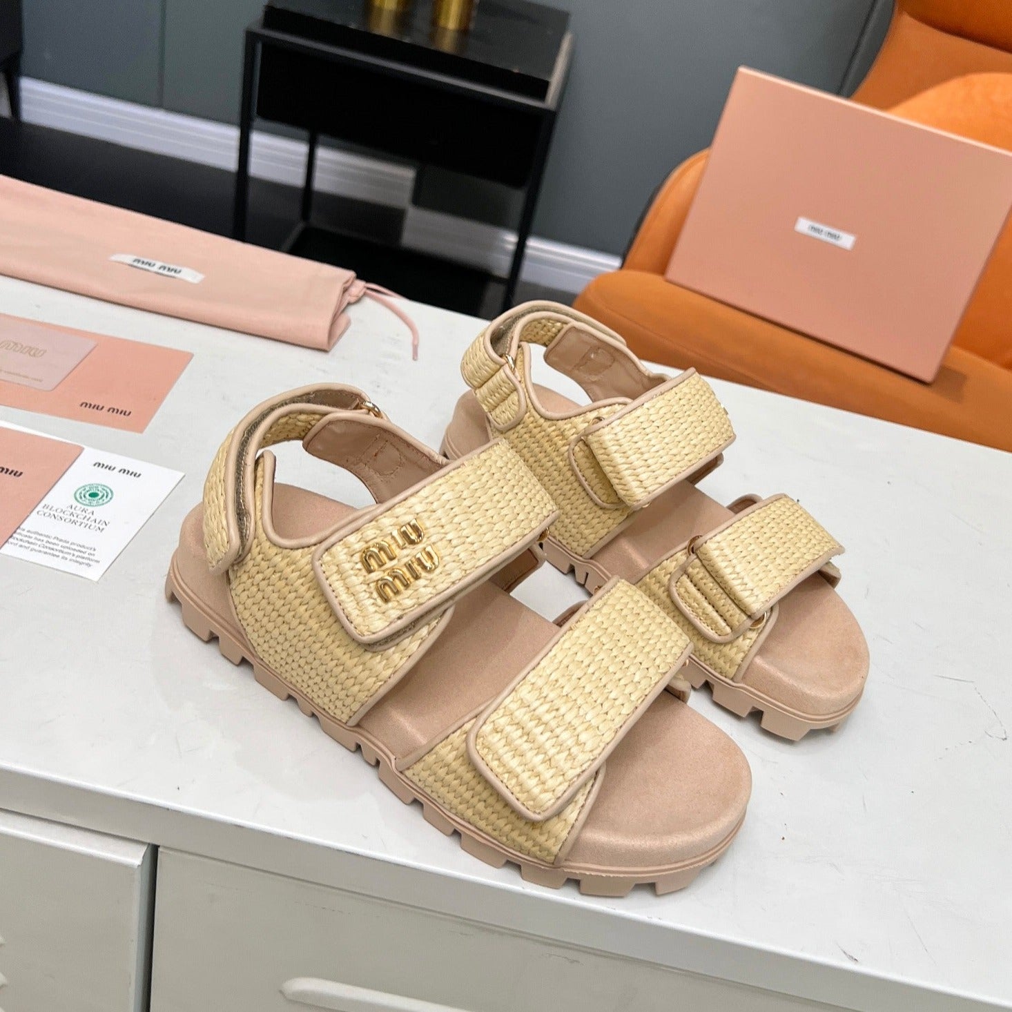 Miu Sandals Champagne Sheepskin With 2 Horizontal Straps