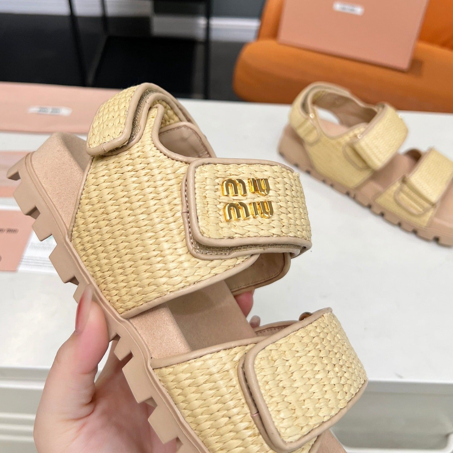 Miu Sandals Champagne Sheepskin With 2 Horizontal Straps