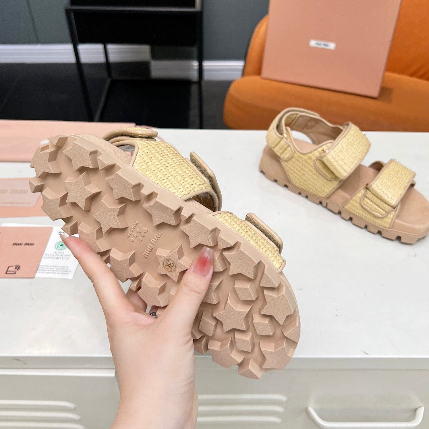 Miu Sandals Champagne Sheepskin With 2 Horizontal Straps