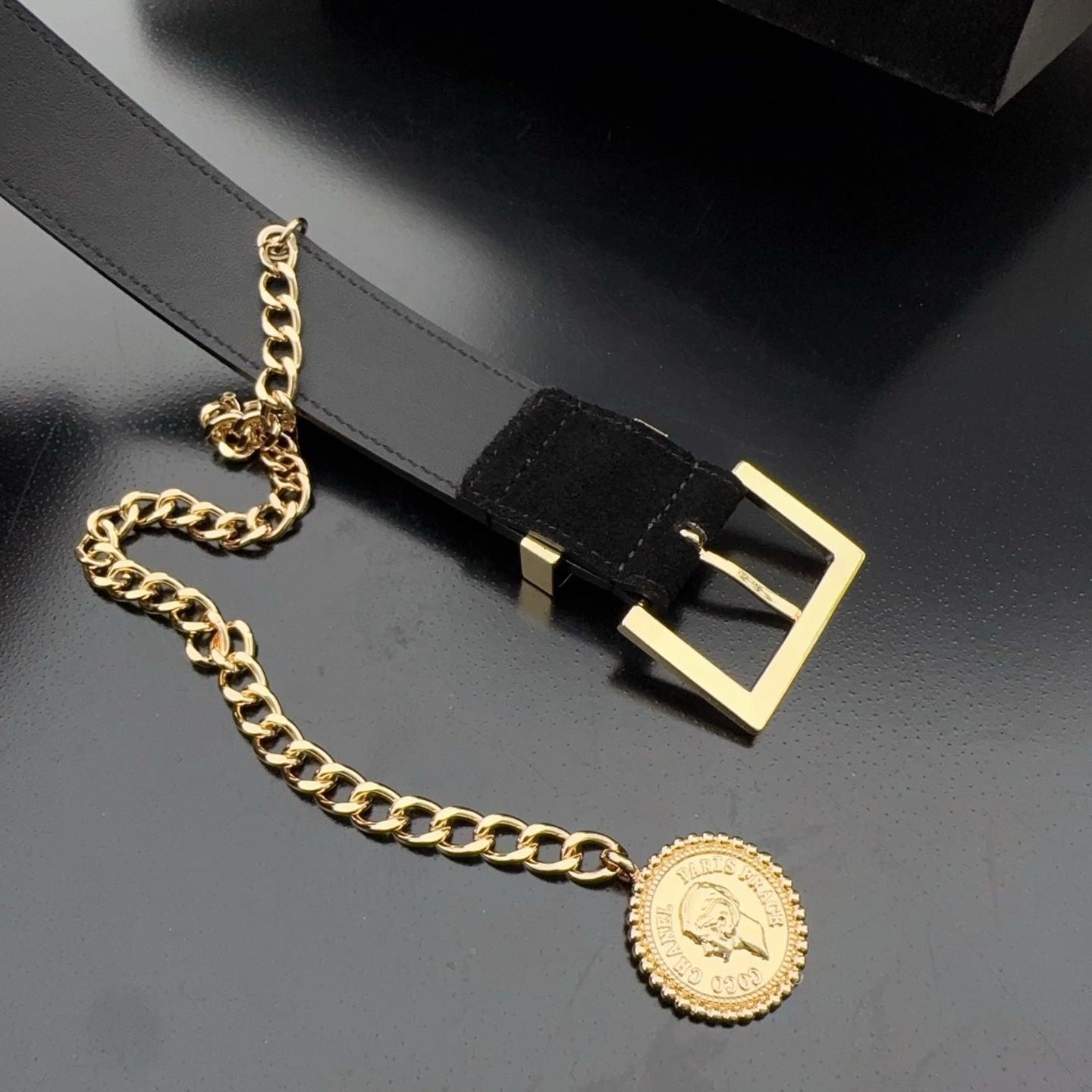 CC Logo Belt 3.5 With Cambon Medallion Black Suede 200012