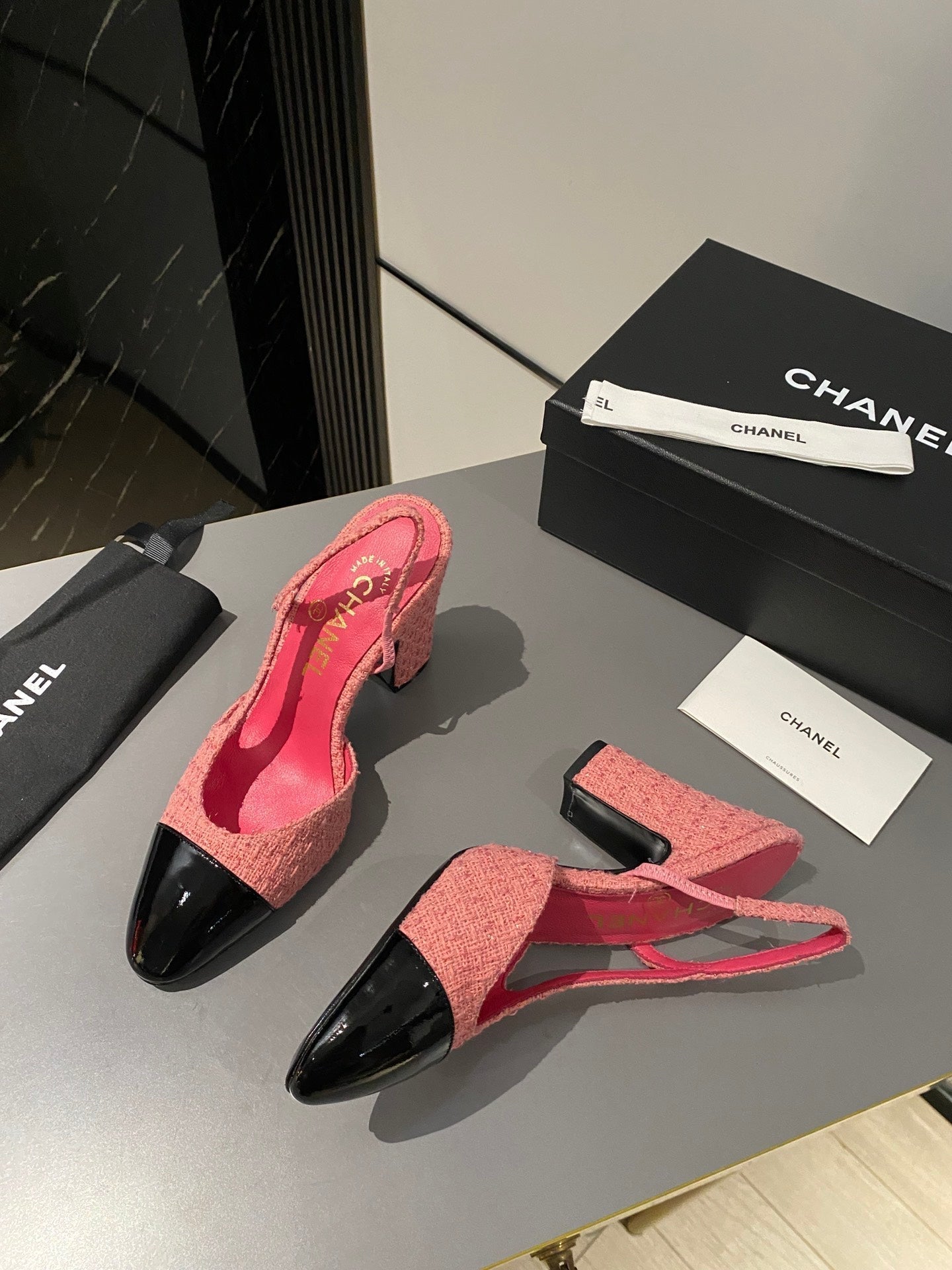 CC Slingback 95mm Pink Red Tweed Fabric