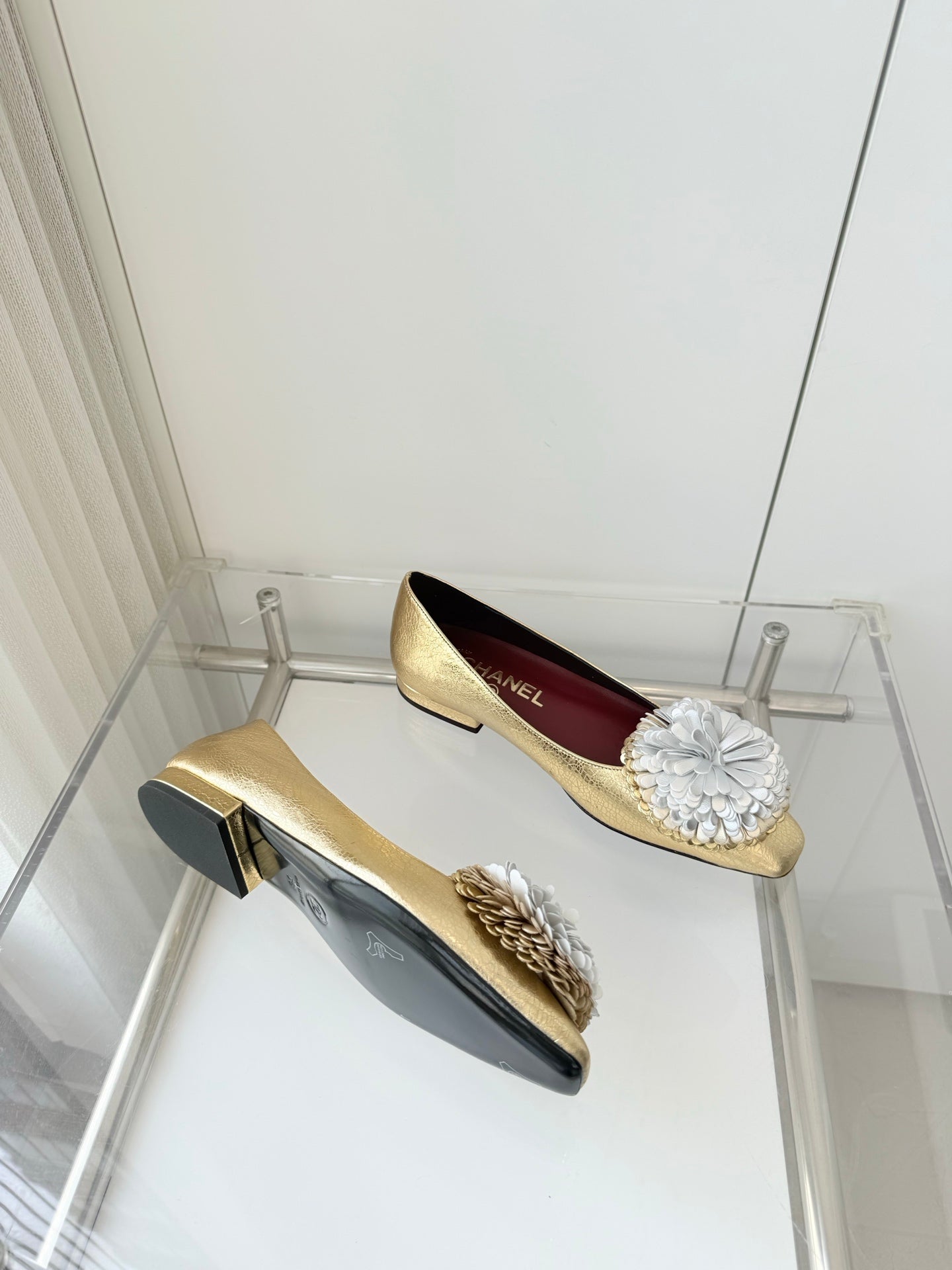 CC 26s Ballet Flat 1.5cm Camellia Flower Gold Sheepskin 597411