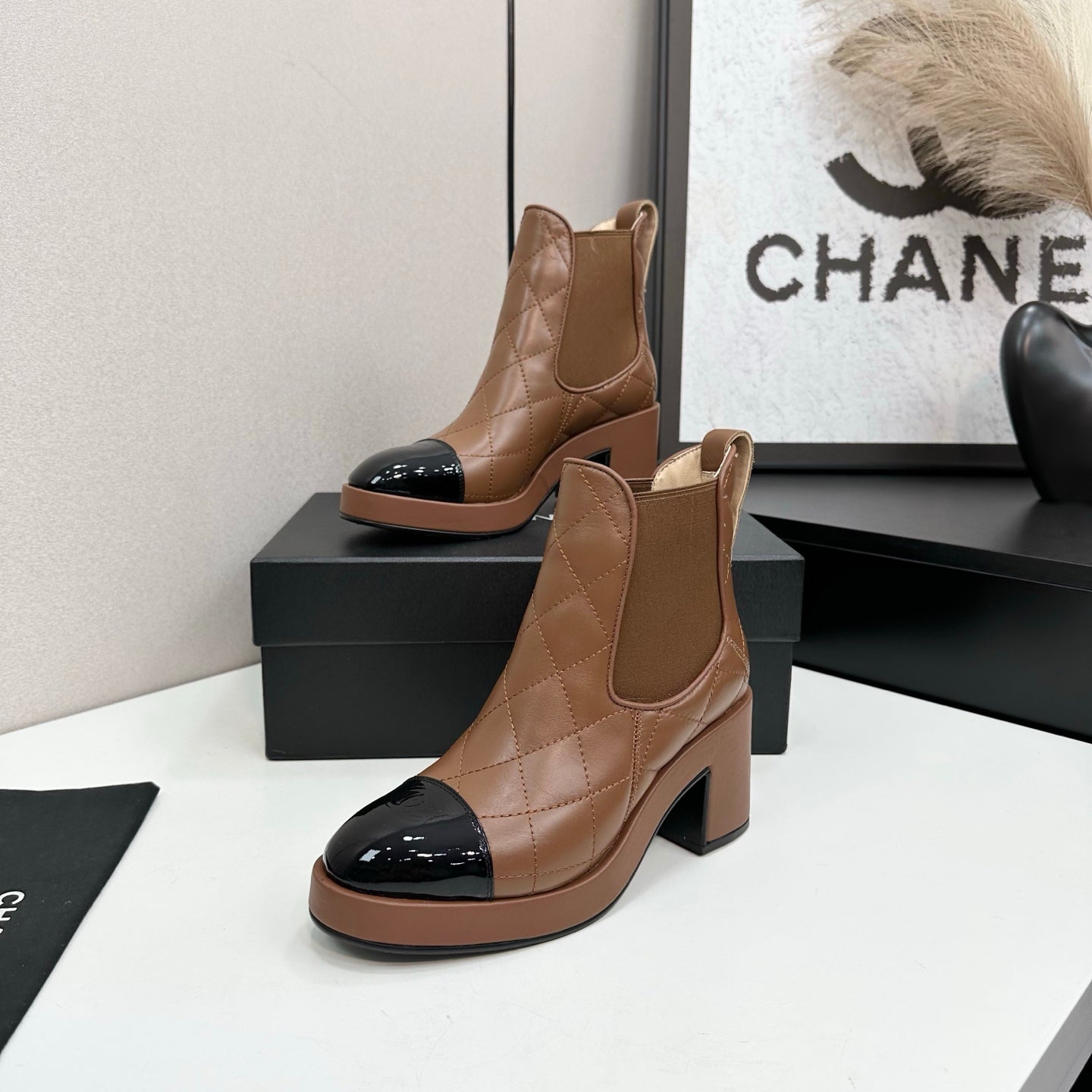 CC FW 25 Platform Ankle Boots Brown Black Patent and Quilted Leather 532622