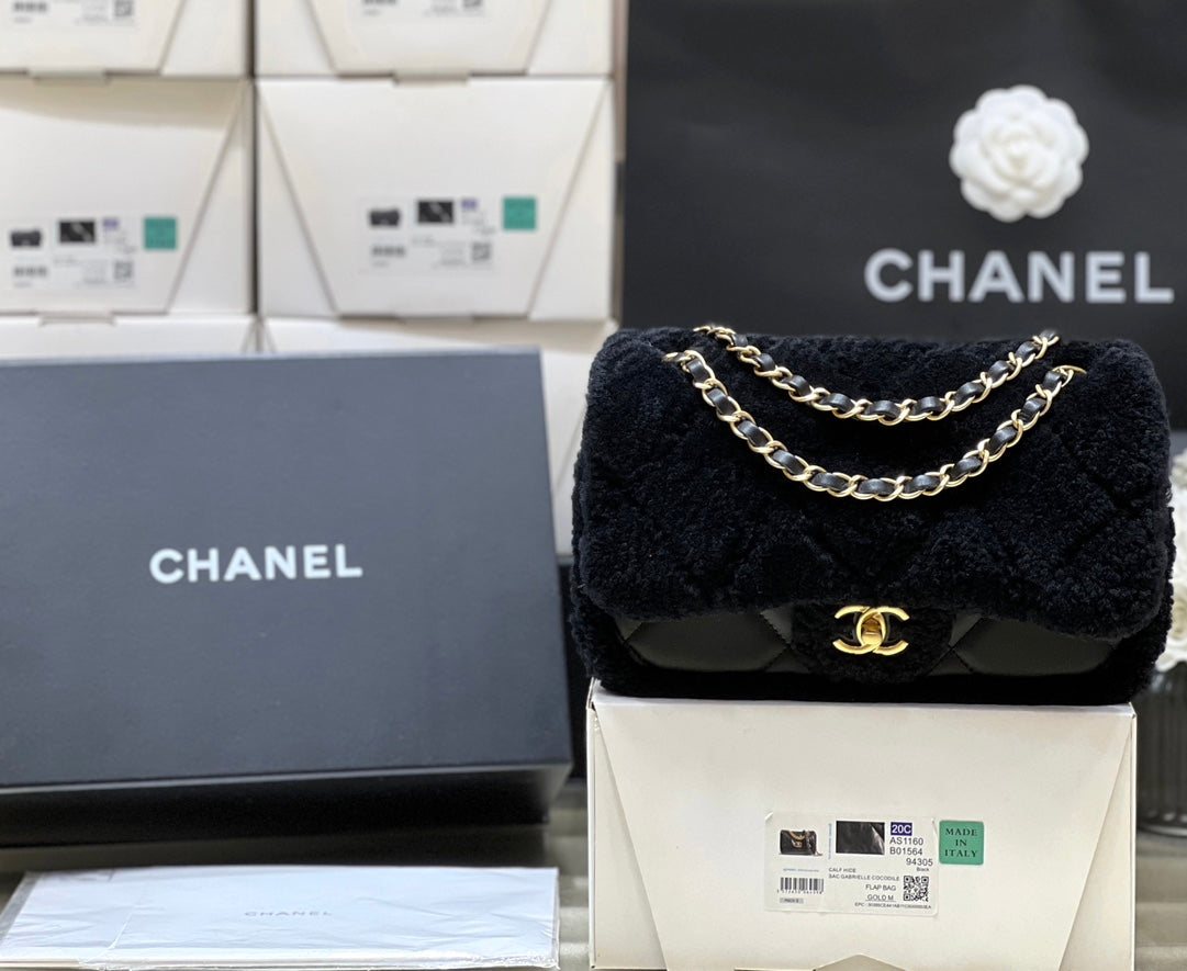 CC 24K Teddy Bear CF 23.5cm Black Lambskin & Fur Light GHW