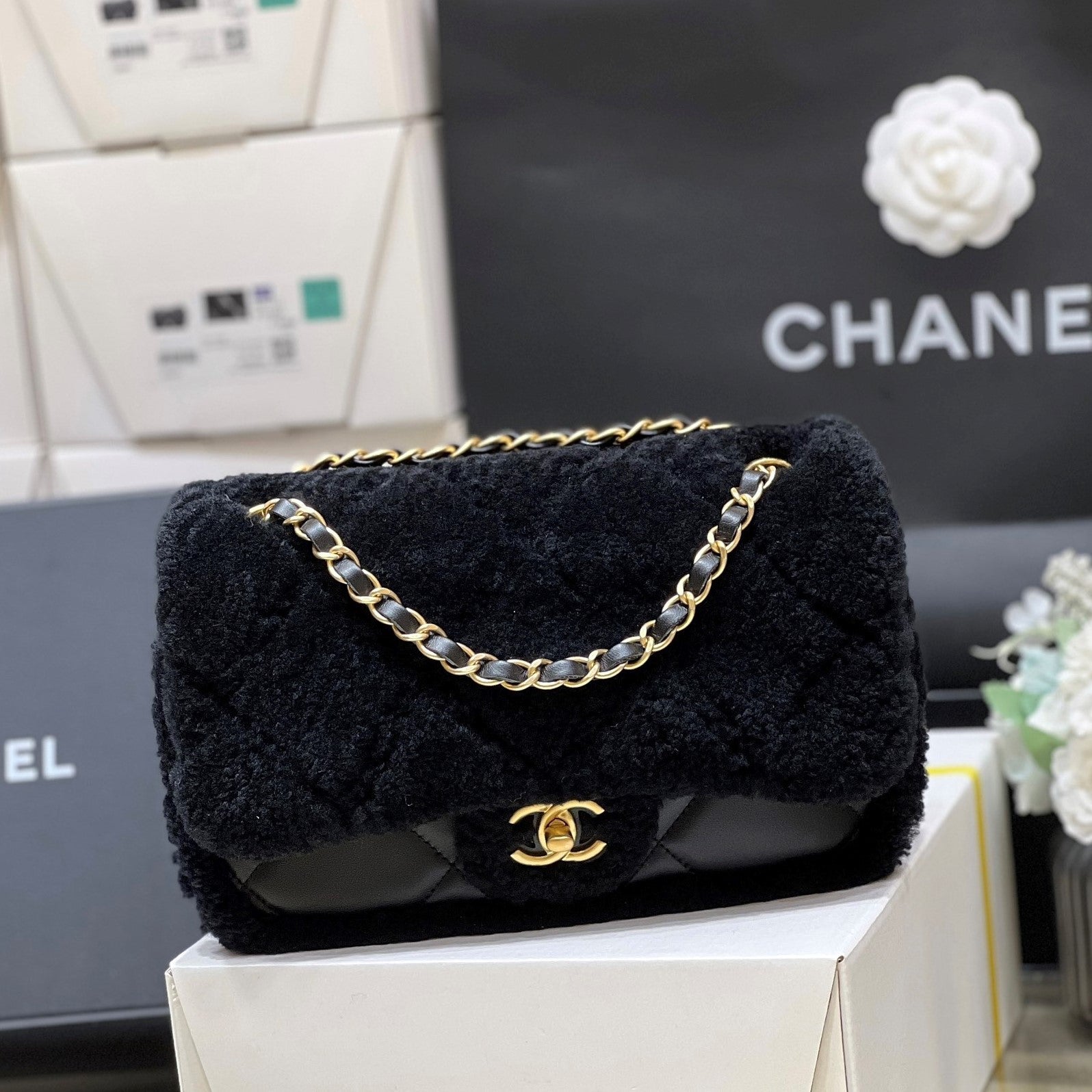 CC 24K Teddy Bear CF 23.5cm Black Lambskin & Fur Light GHW