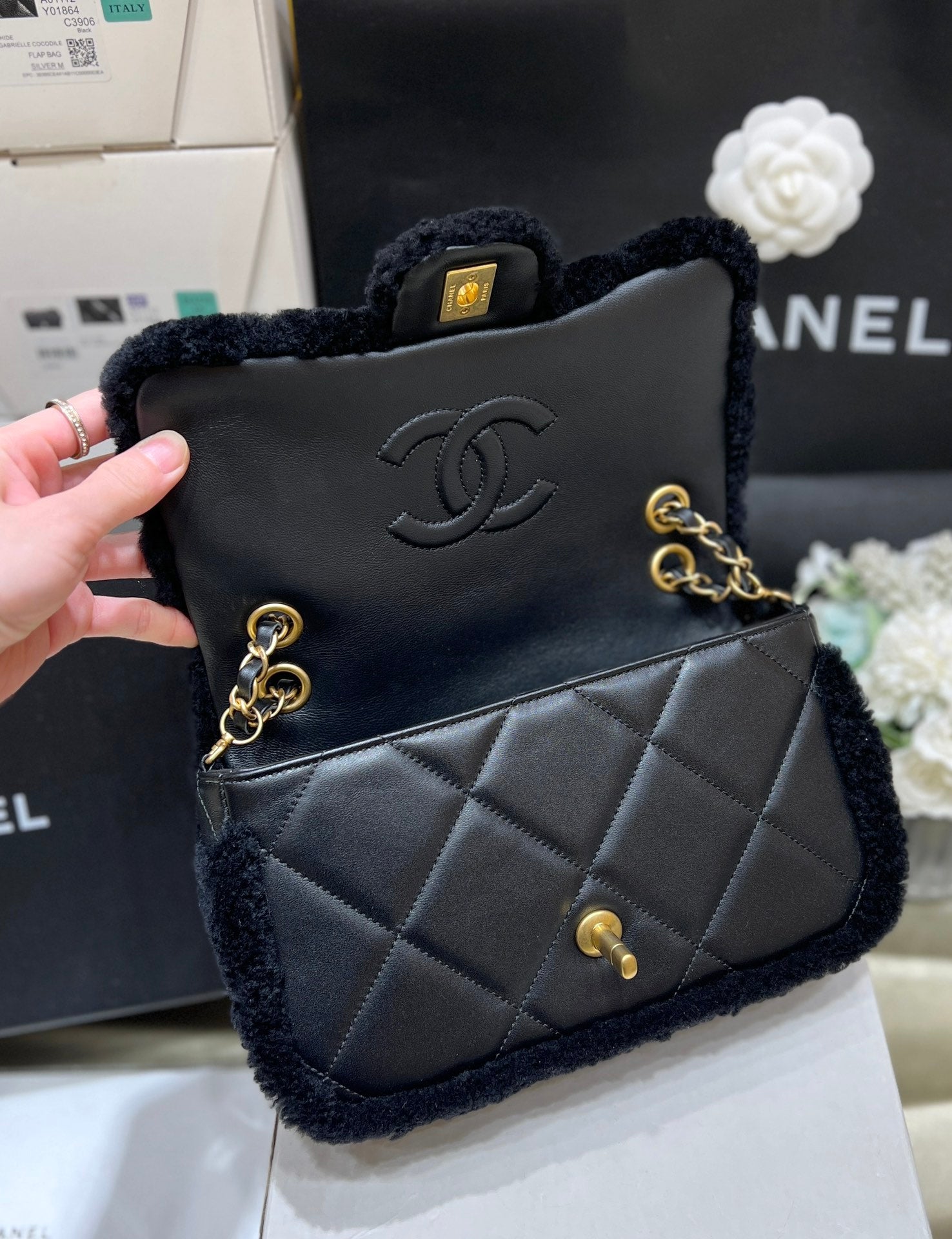 CC 24K Teddy Bear CF 23.5cm Black Lambskin & Fur Light GHW