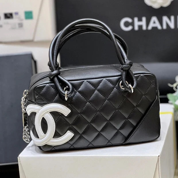 Chanel 2026 Cambon Ligne Bag 21cm Black White Quilted Lambskin
