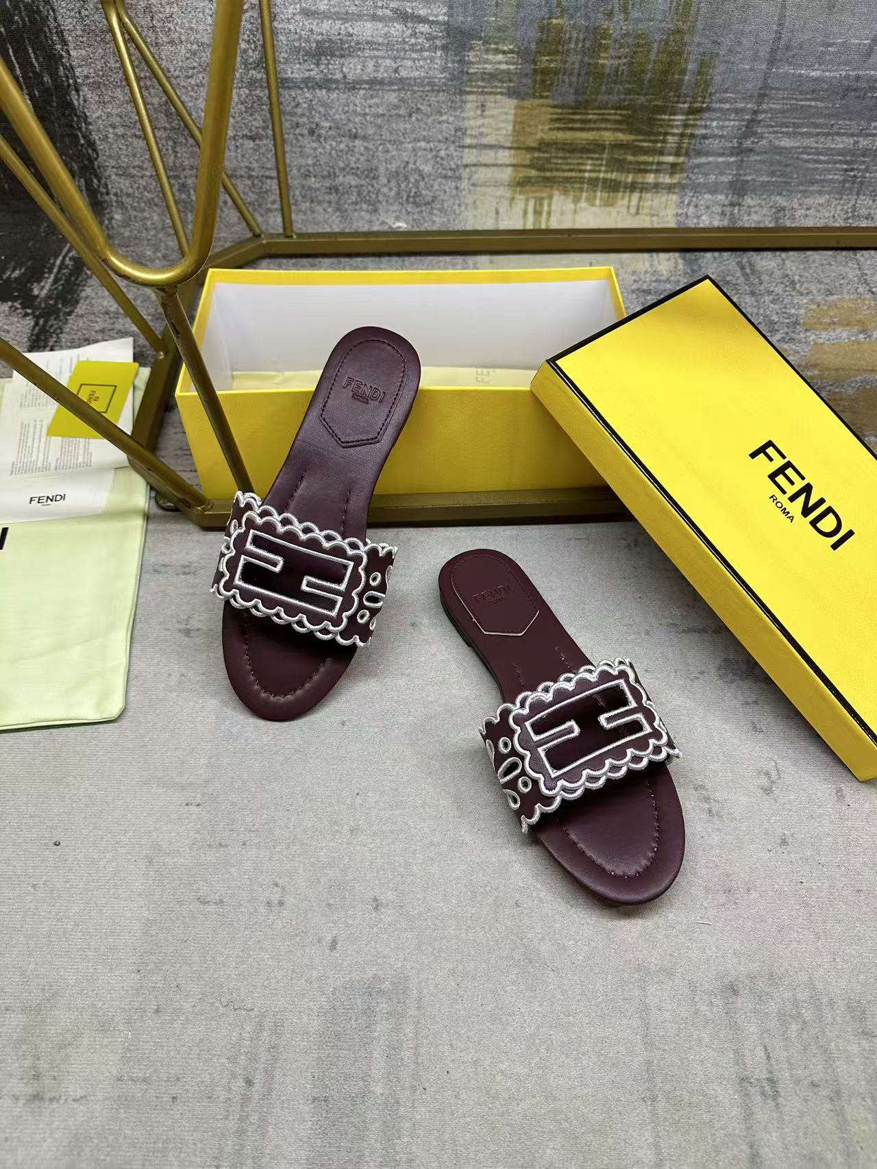 Fendi Baguette Slides Embroidered Burgundy Nappa Leather 826562