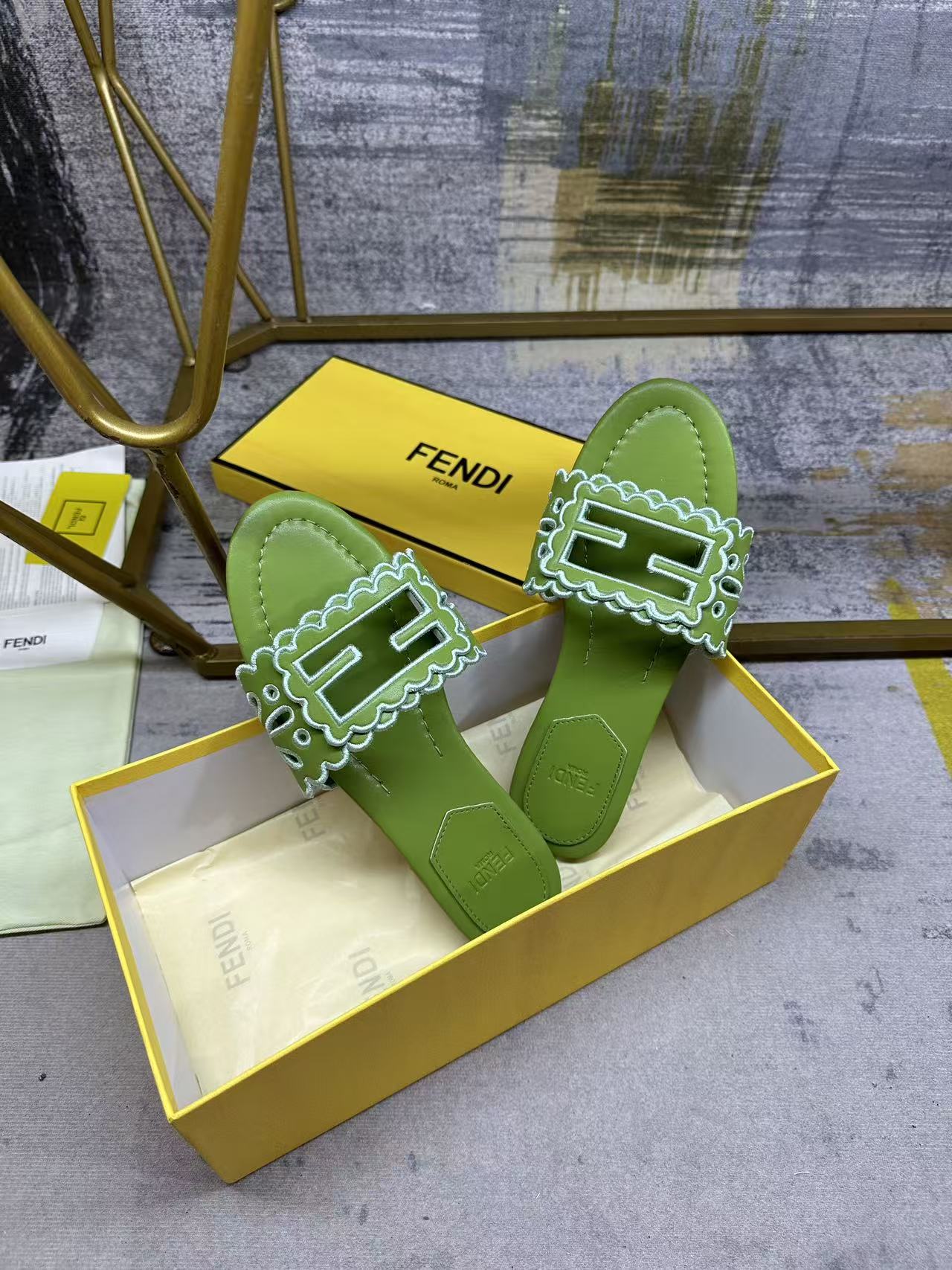 Fendi Baguette Slides Embroidered Green Nappa Leather 826566