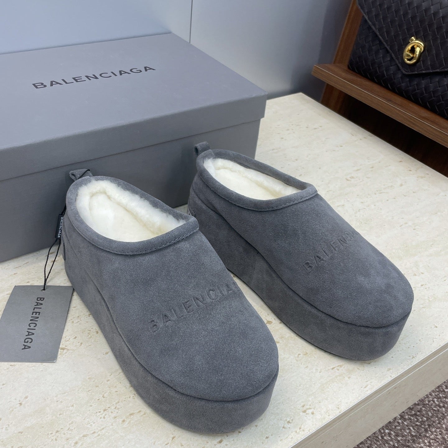 Balenciaga Alaska Slide Grey White Suede Fur 551898
