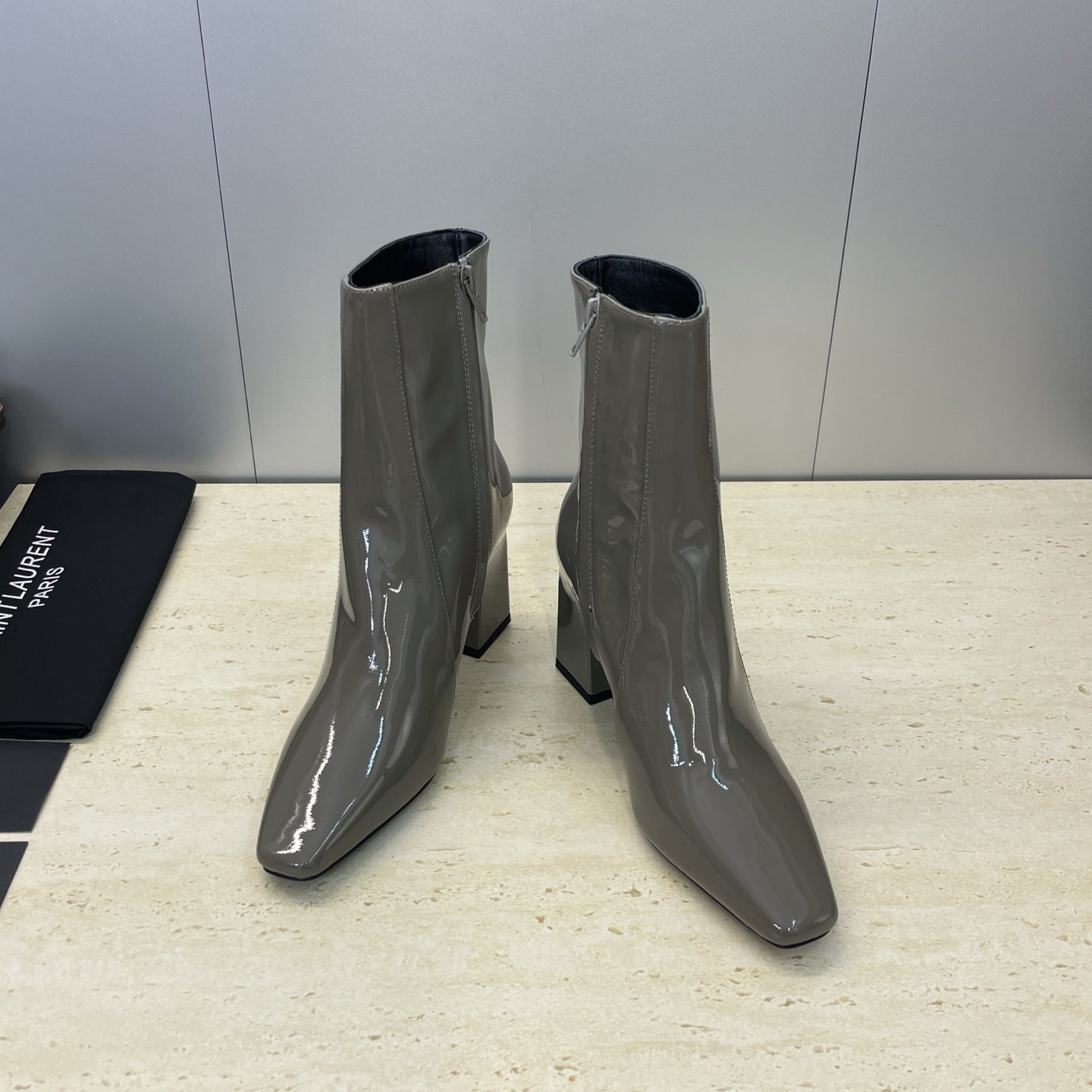 YSL Maxine Boots 75mm Taupe Patent Leather 551929