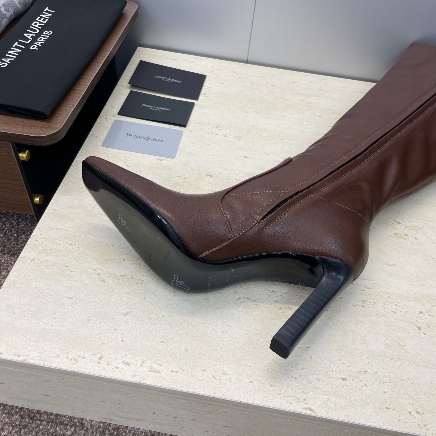 YSL 2025 Square Toe Over-the-Knee Rider Boots Brown Calfskin 574017