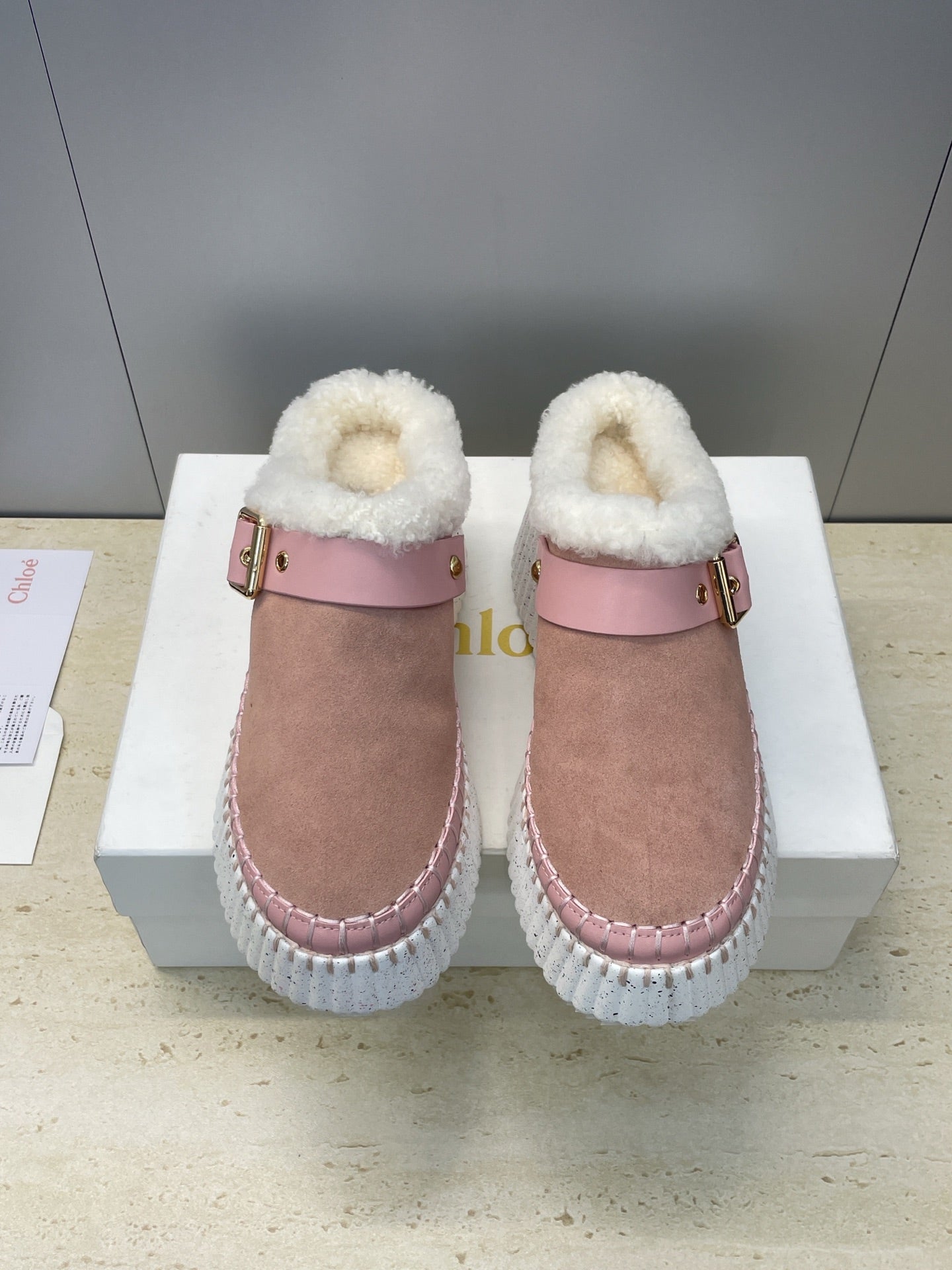 Chloé 26S Fur-Lined Wedge Mules in Light Pink Suede