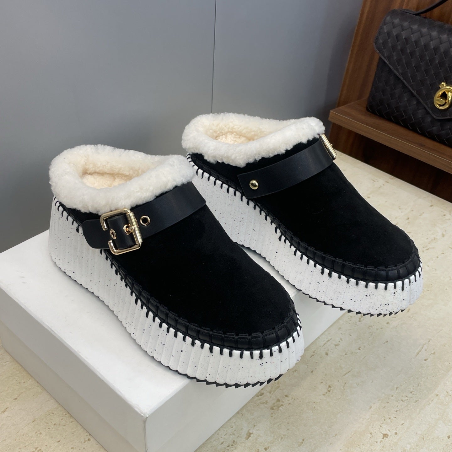 Chloé 26S Fur-Lined Wedge Mules in Black Suede