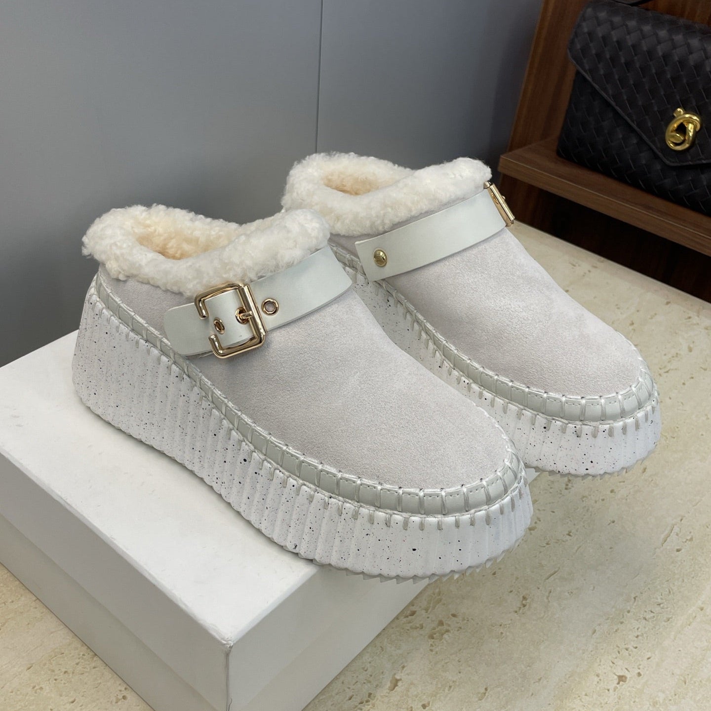 Chloé 26S Fur-Lined Wedge Mules in Light Grey Suede