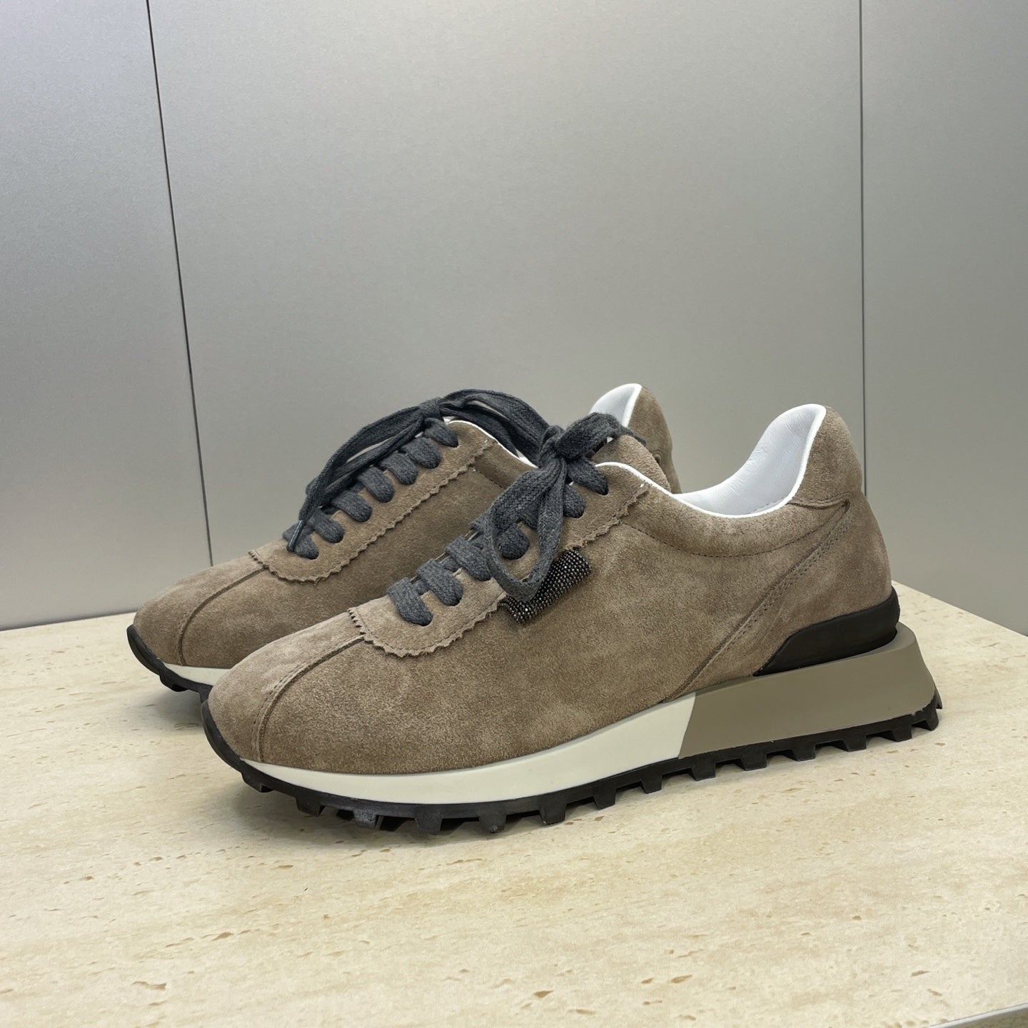 Brunello Shiny Tab Sneakers Taupe Suede 607016