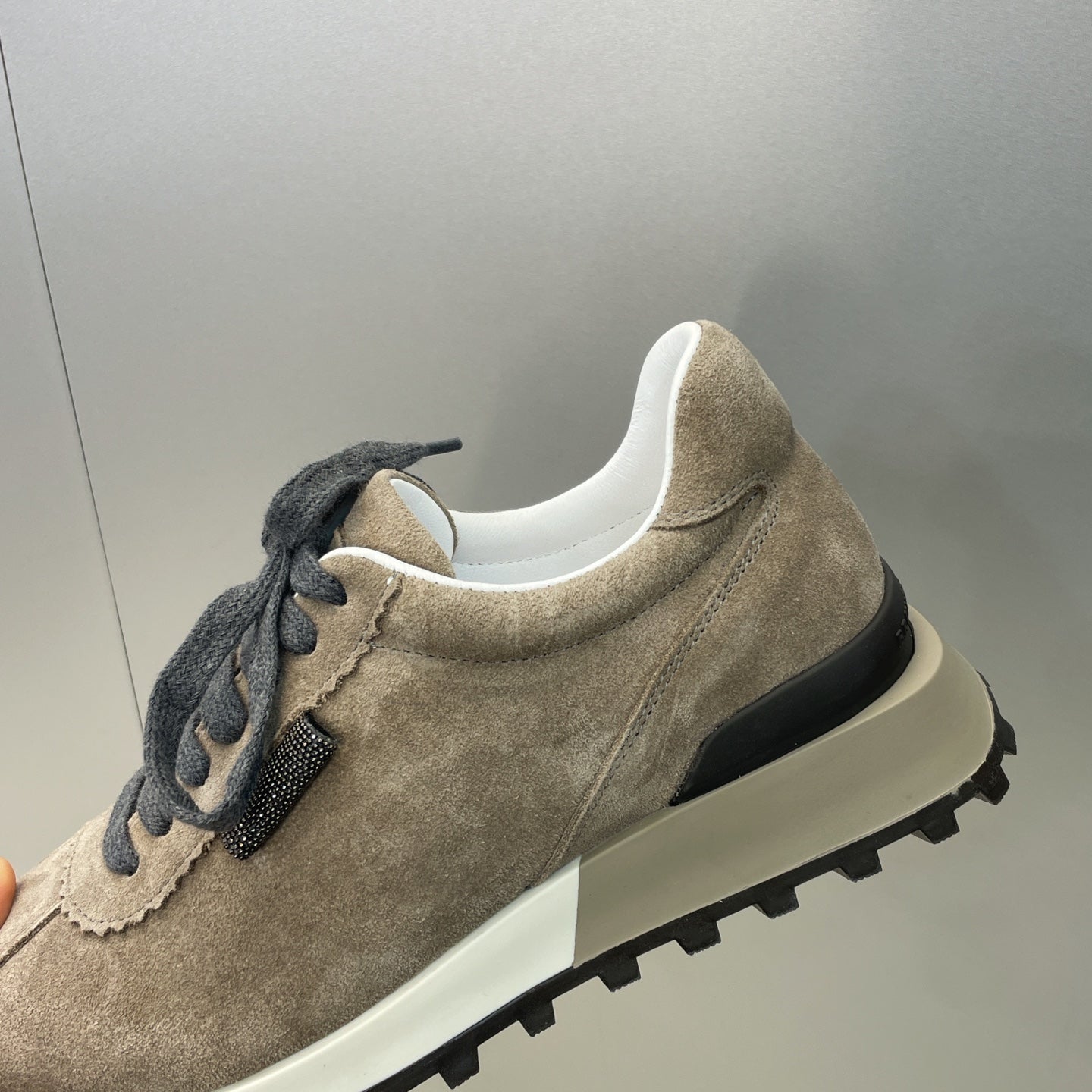 Brunello Shiny Tab Sneakers Taupe Suede 607016