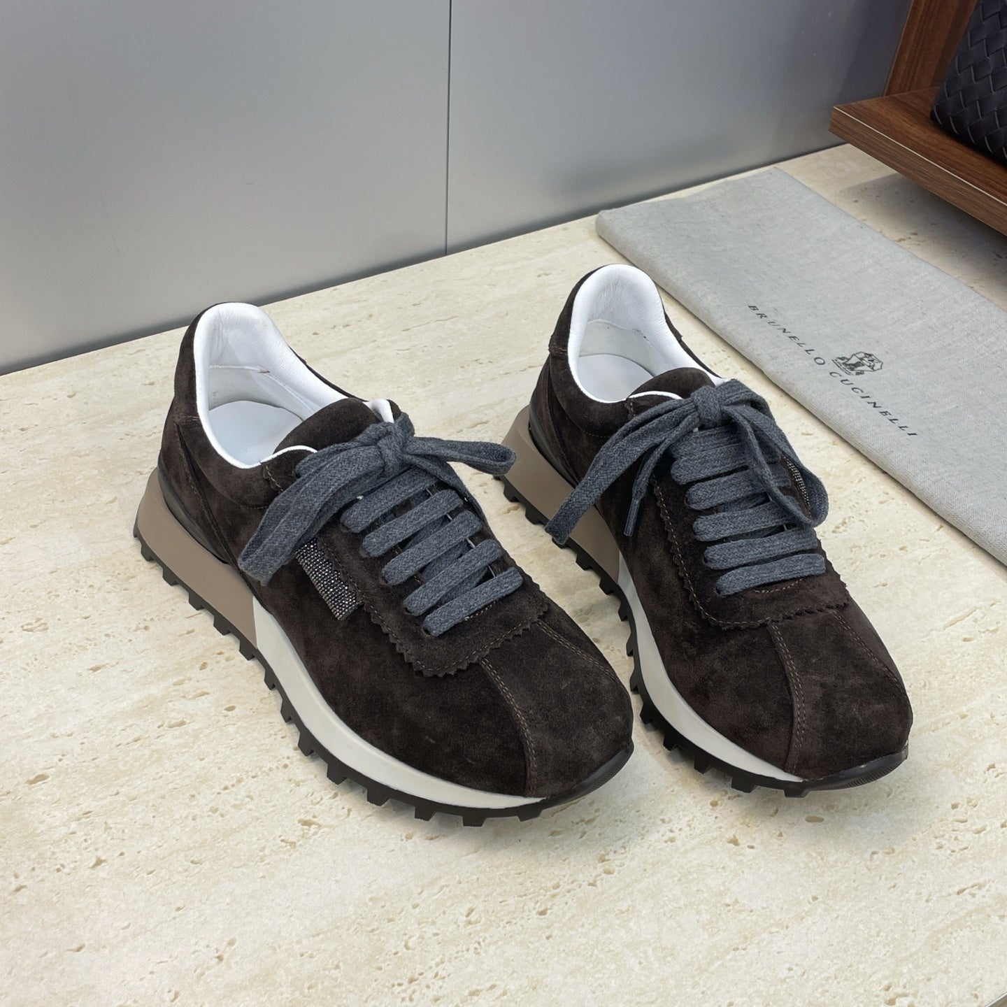 Brunello Shiny Tab Sneakers Dark Brown Suede 607017