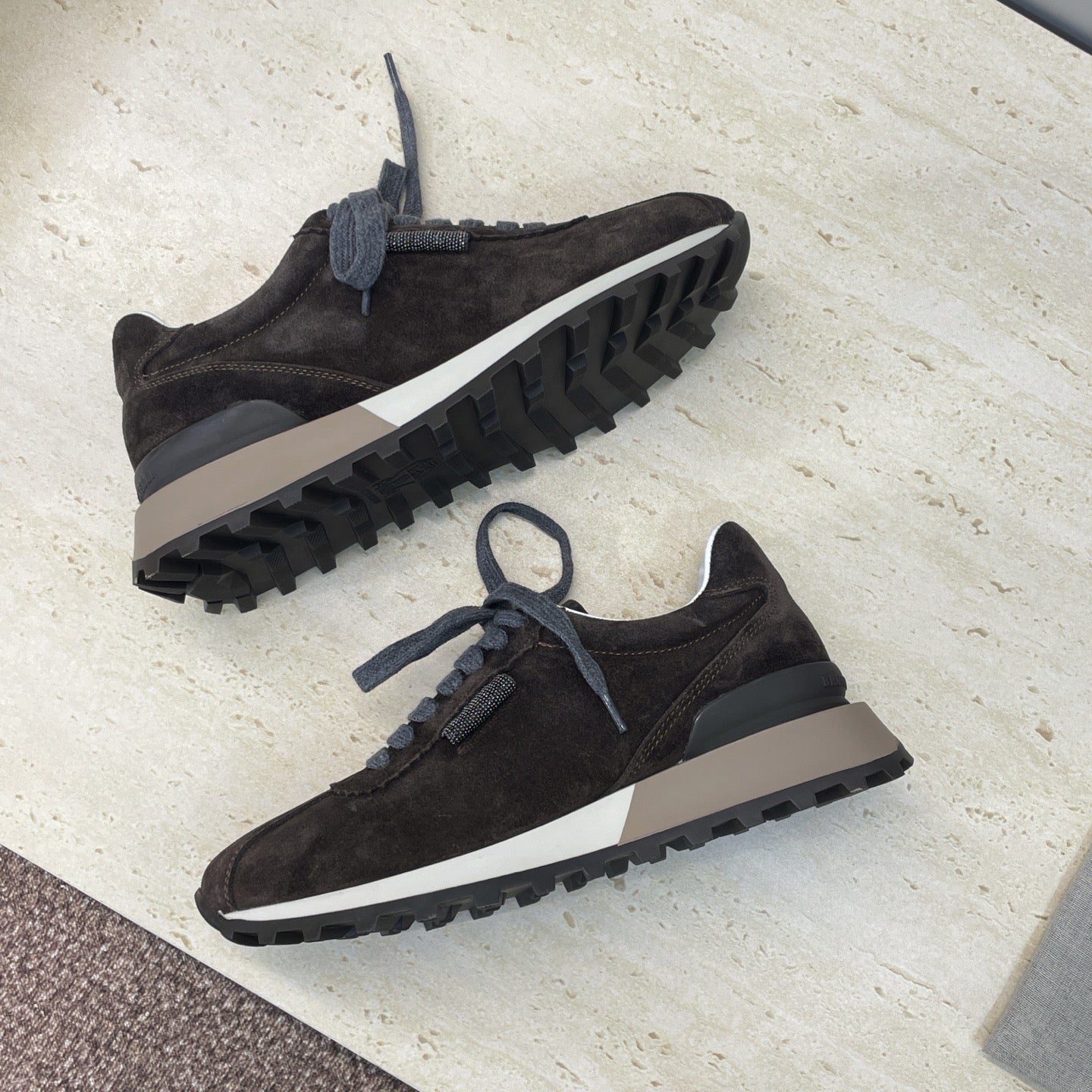 Brunello Shiny Tab Sneakers Dark Brown Suede 607017