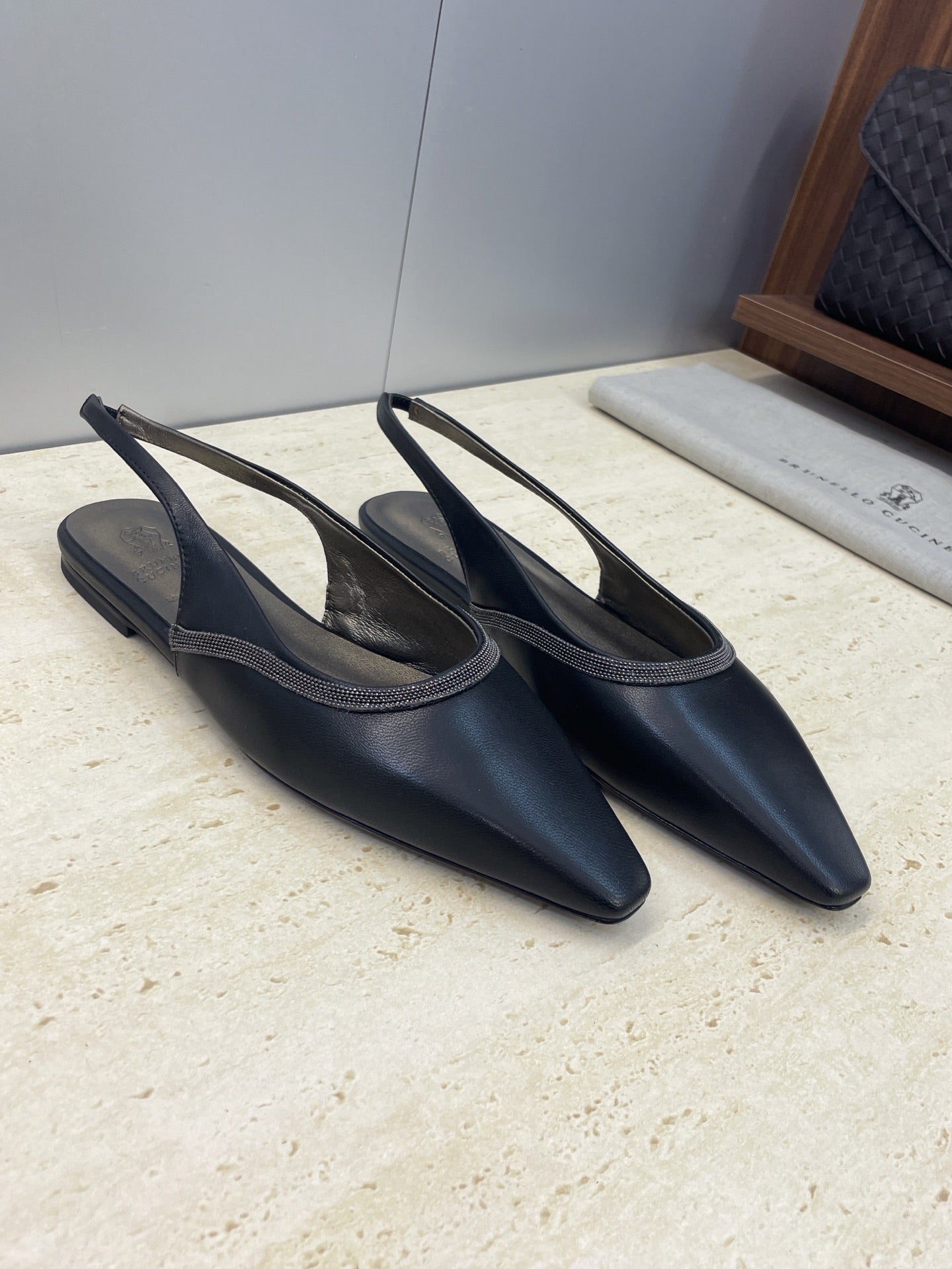 Brunello Twill Slingback Flats Black Calfskin 607026