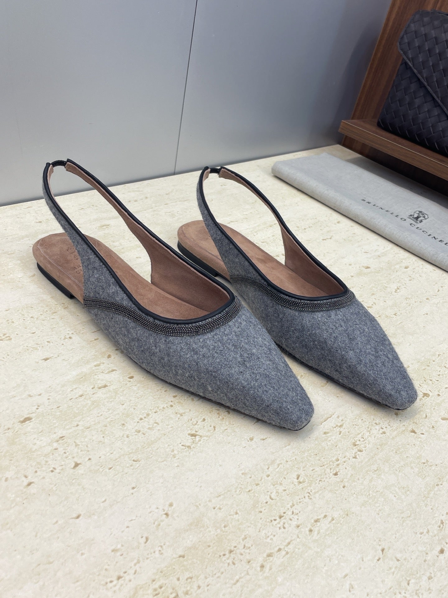 Brunello Twill Slingback Flats Grey Fabric 607028