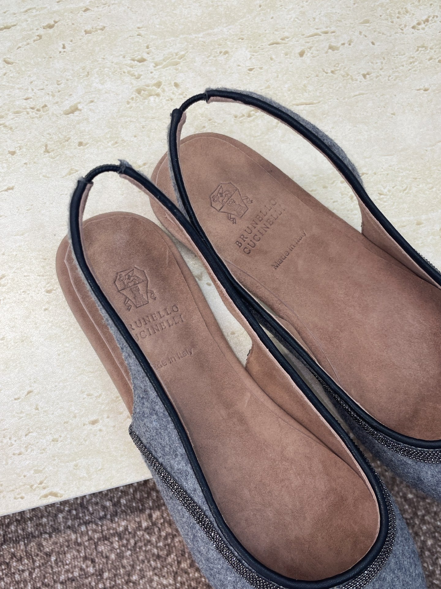 Brunello Twill Slingback Flats Grey Fabric 607028