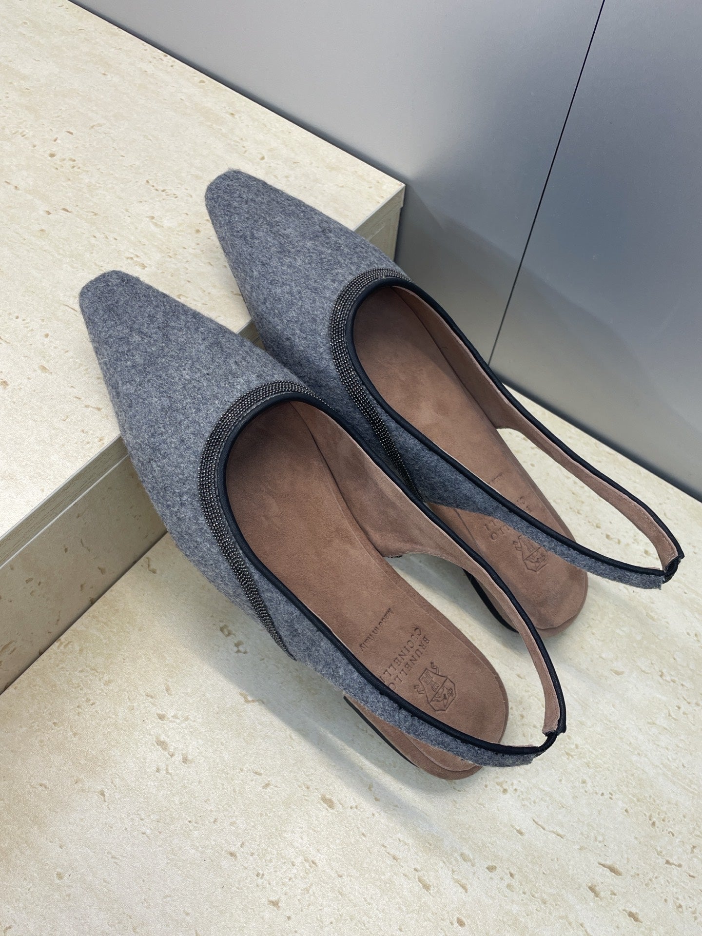 Brunello Twill Slingback Flats Grey Fabric 607028