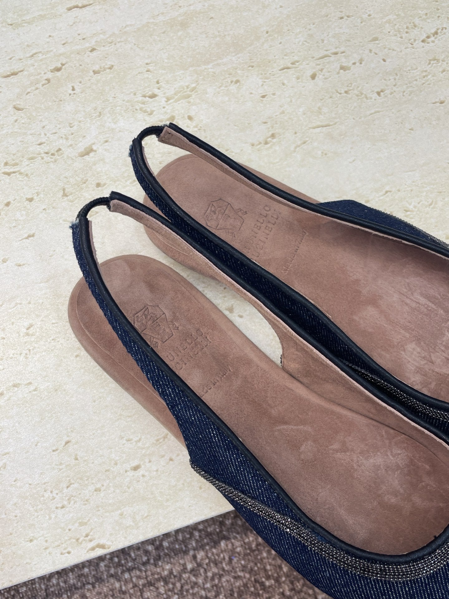 Brunello Twill Slingback Flats Black Denim 607029