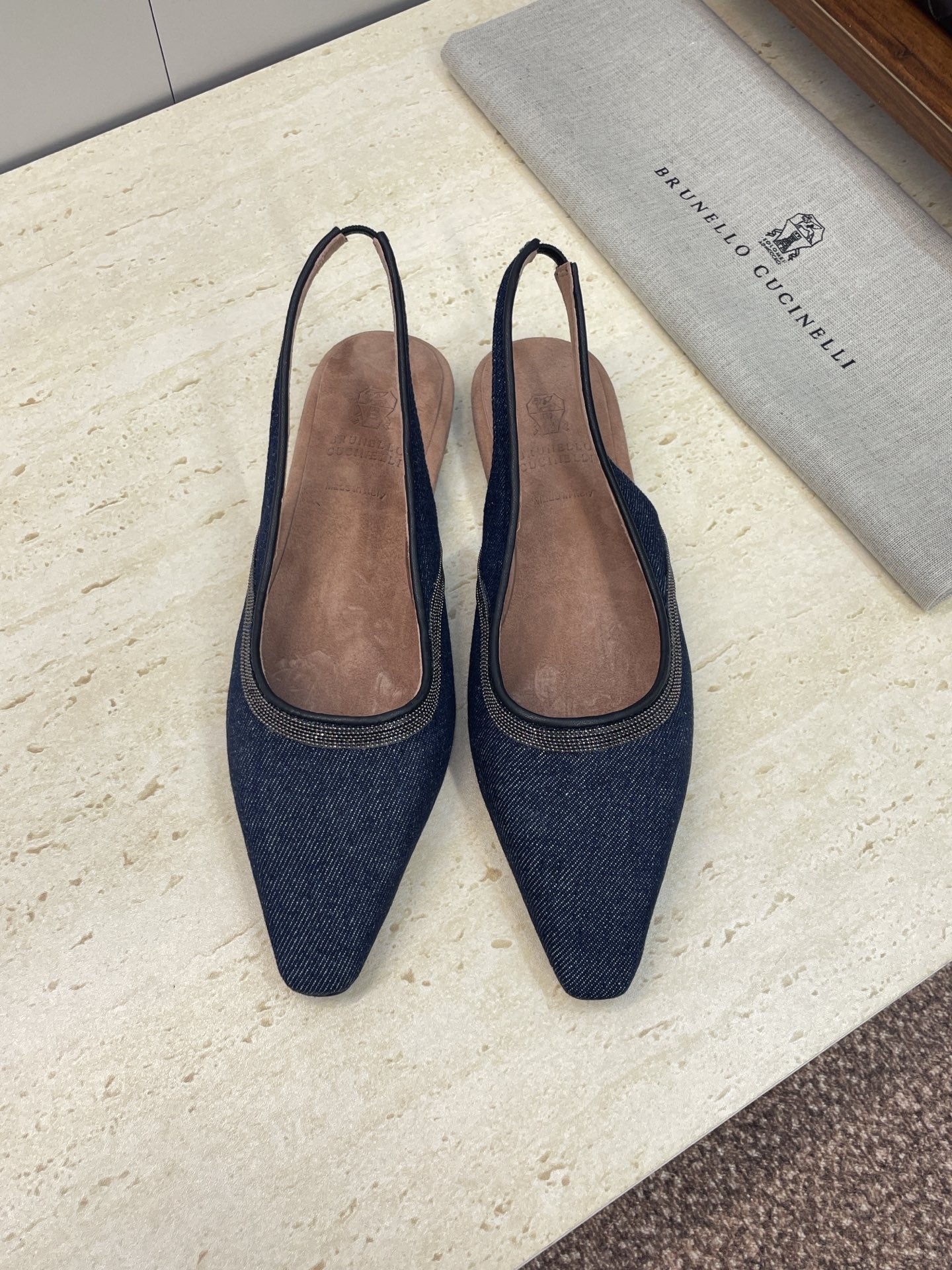 Brunello Twill Slingback Flats Black Denim 607029