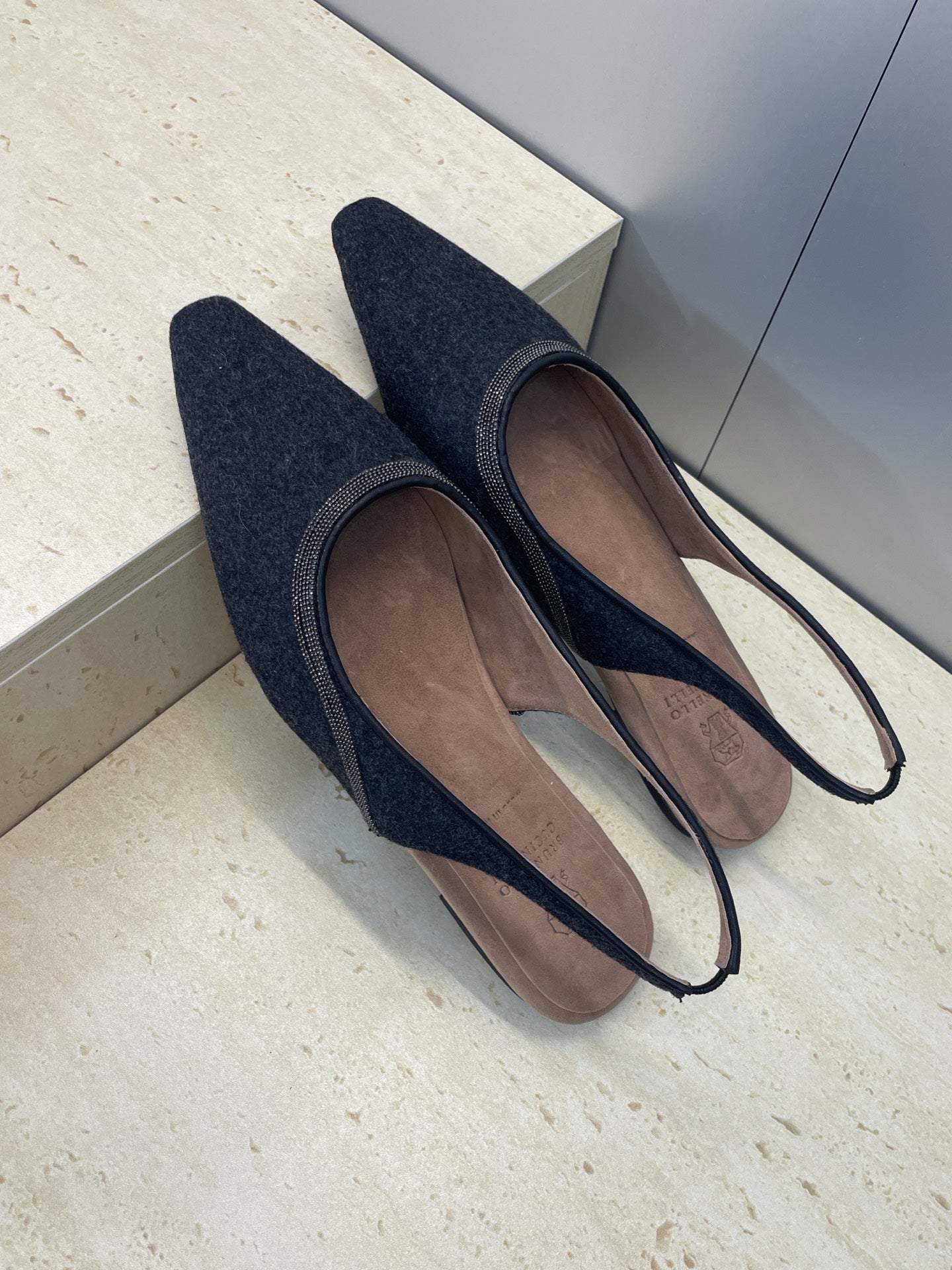 Brunello Twill Slingback Flats Black Fabric 607030