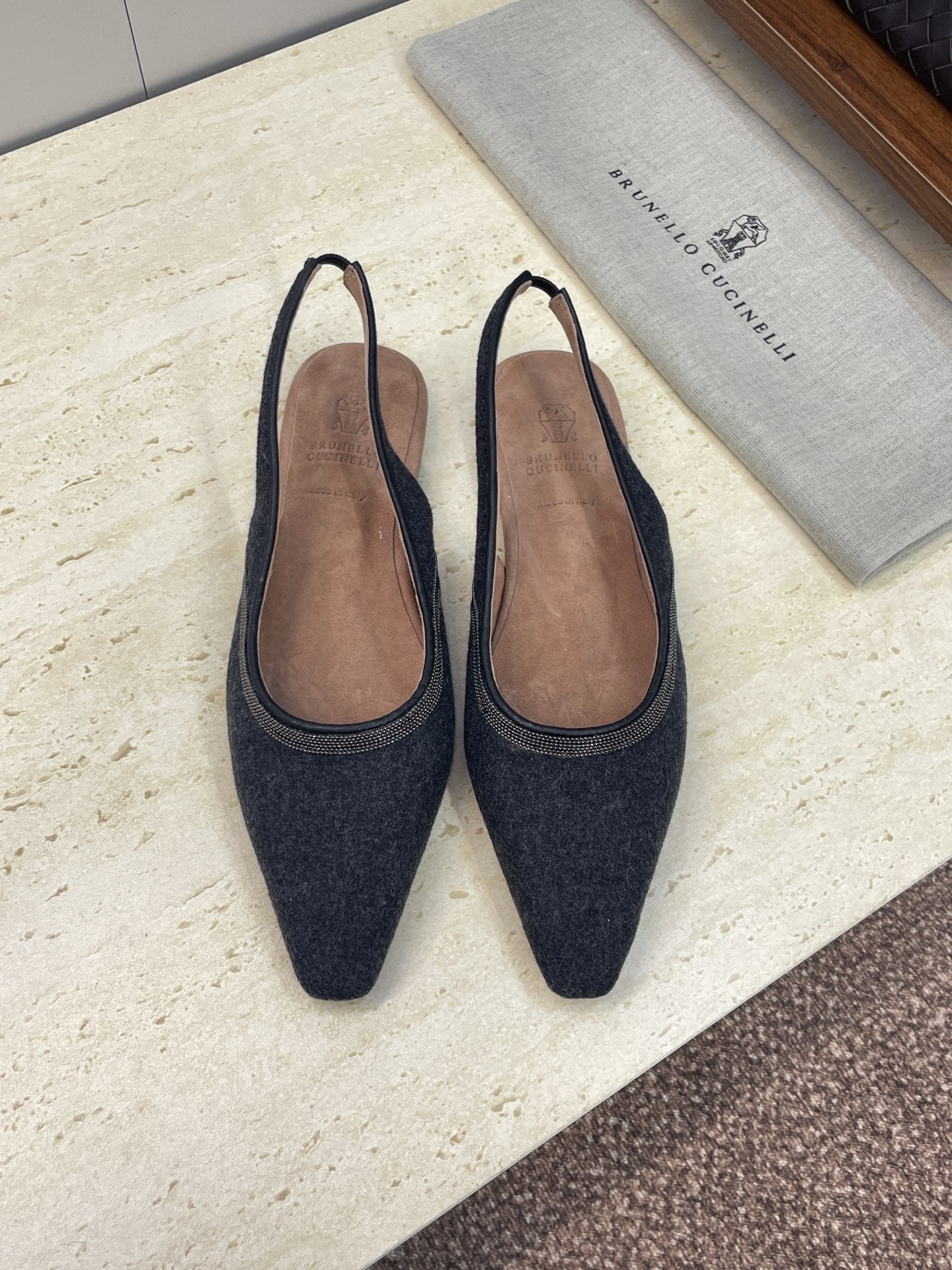 Brunello Twill Slingback Flats Black Fabric 607030
