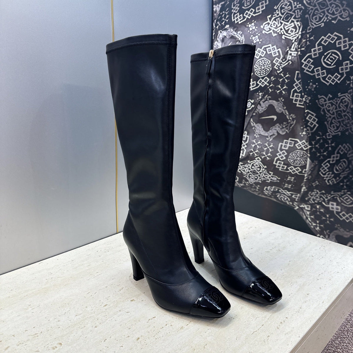 CC 26S Knee High Boots 9cm Black Lambskin Patent 118736