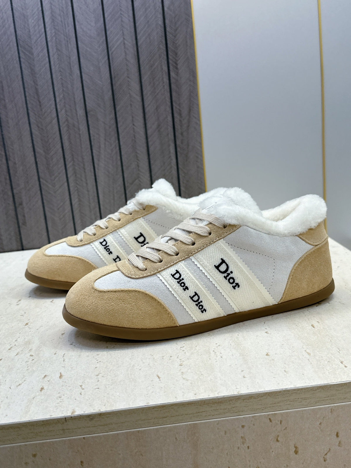 CD 26s Chrono Sneakers Beige White Canvas Suede Shearling 118425