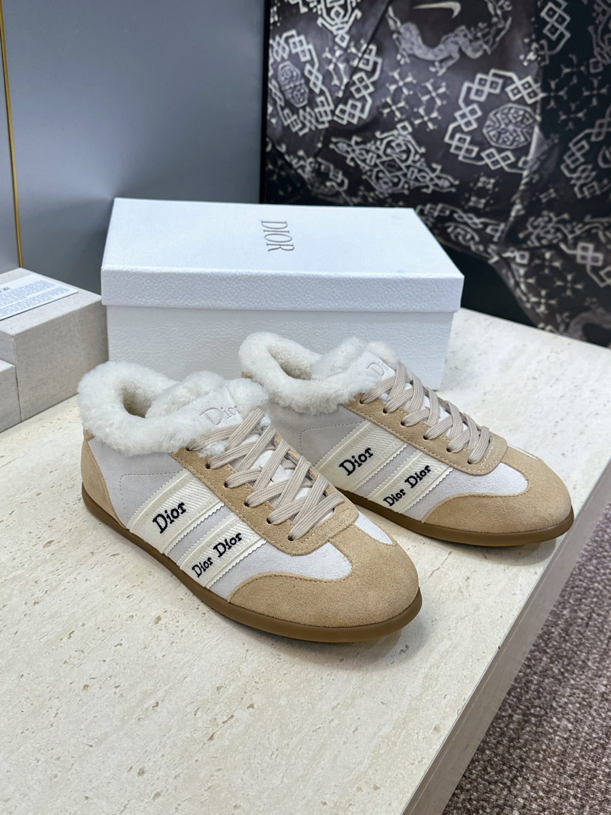 CD 26s Chrono Sneakers Beige White Canvas Suede Shearling 118425