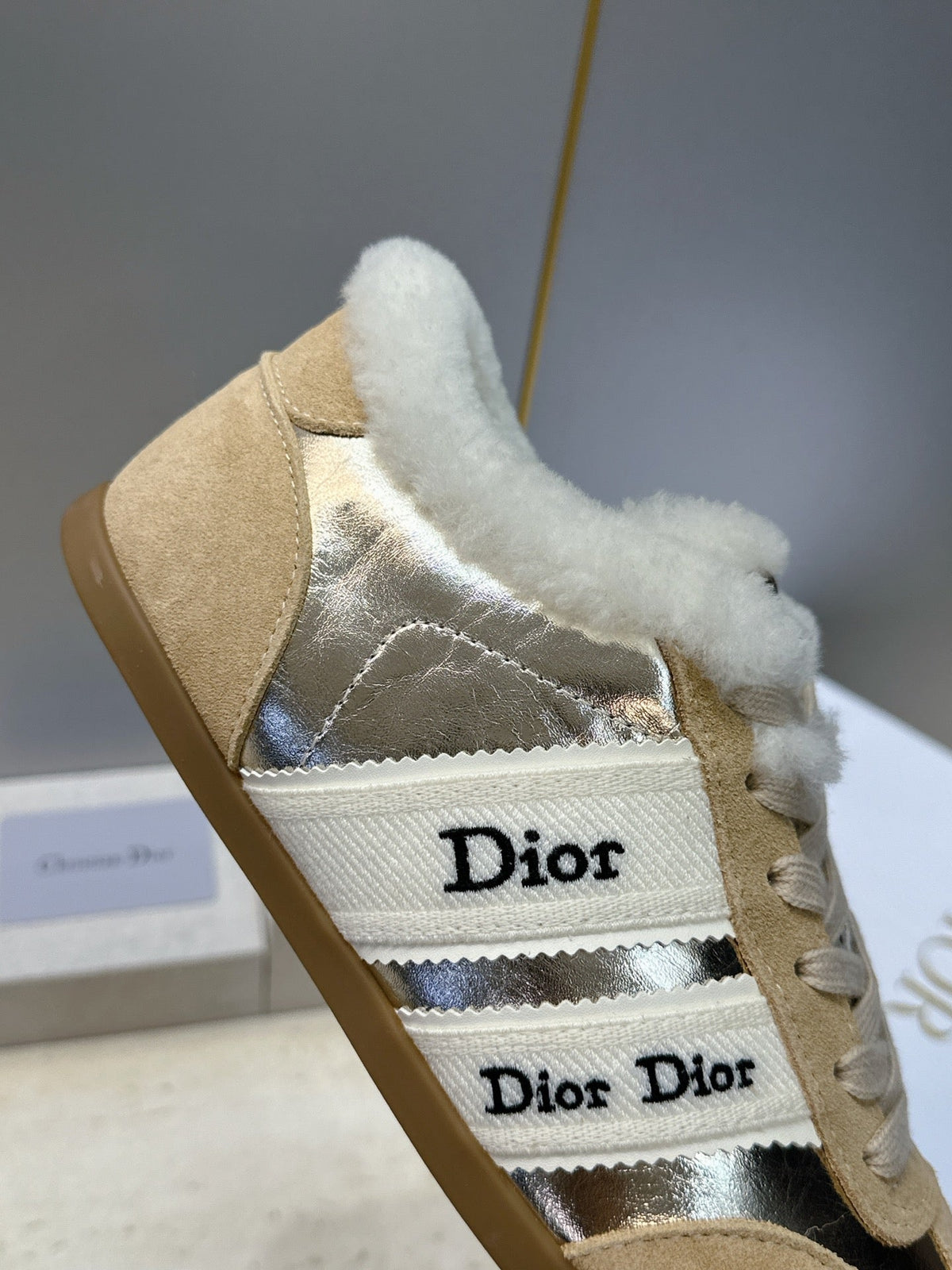 CD 26s Chrono Sneakers Gold Beige Metallic Suede Shearling 118427