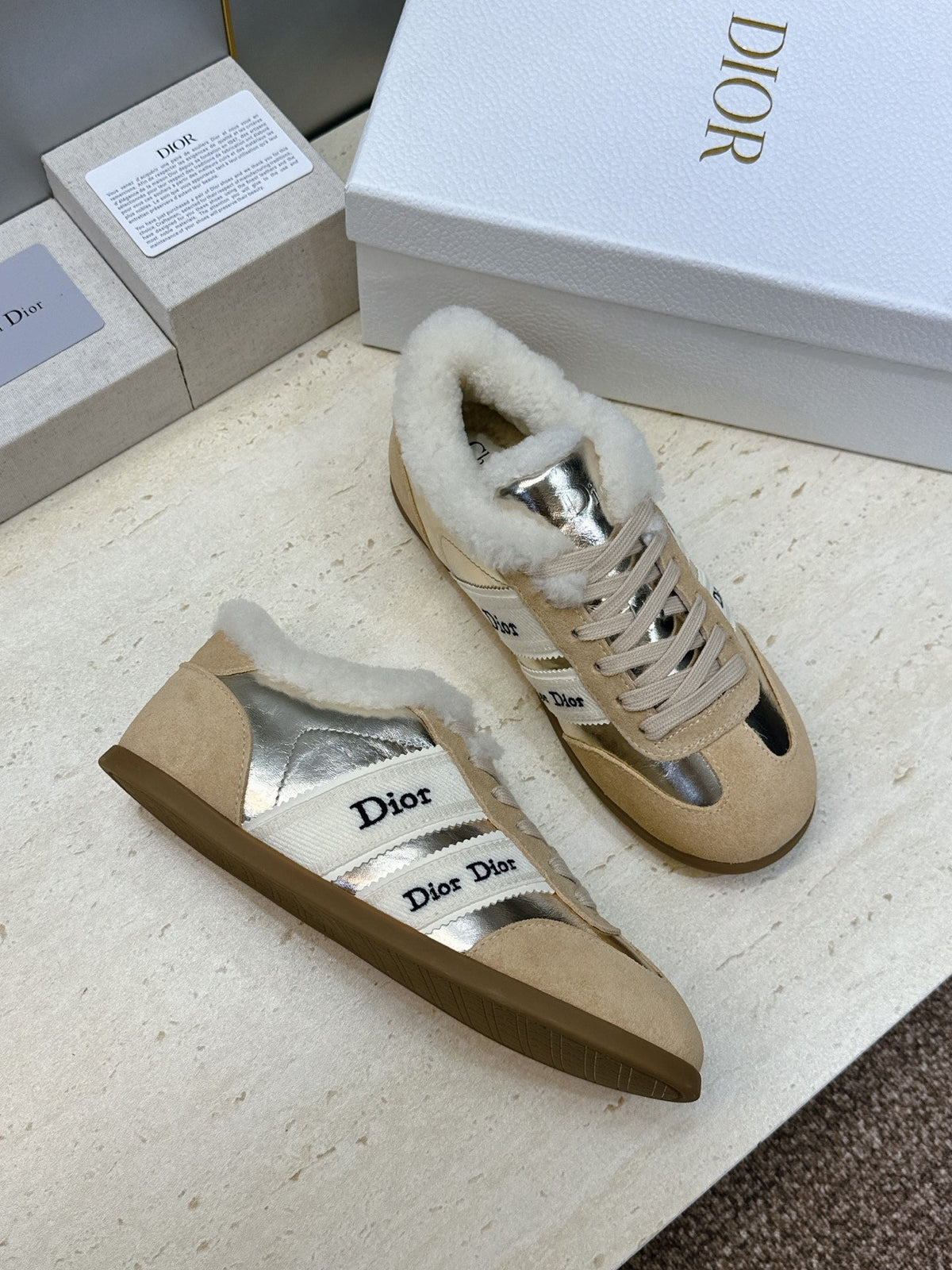 CD 26s Chrono Sneakers Gold Beige Metallic Suede Shearling 118427
