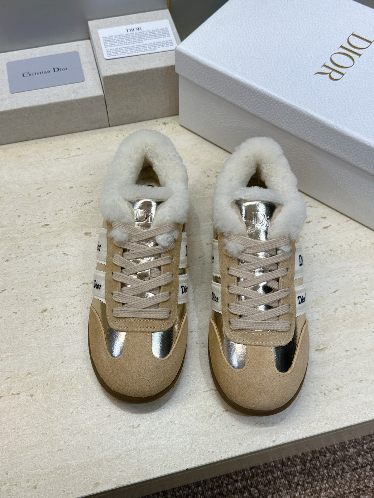 CD 26s Chrono Sneakers Gold Beige Metallic Suede Shearling 118427