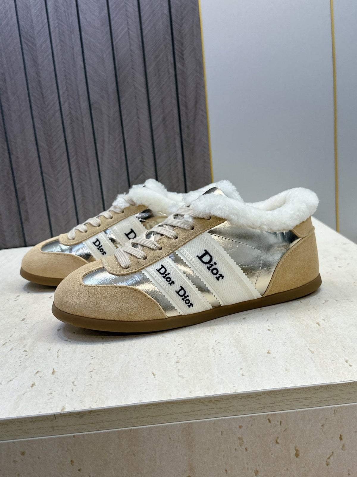 CD 26s Chrono Sneakers Gold Beige Metallic Suede Shearling 118427
