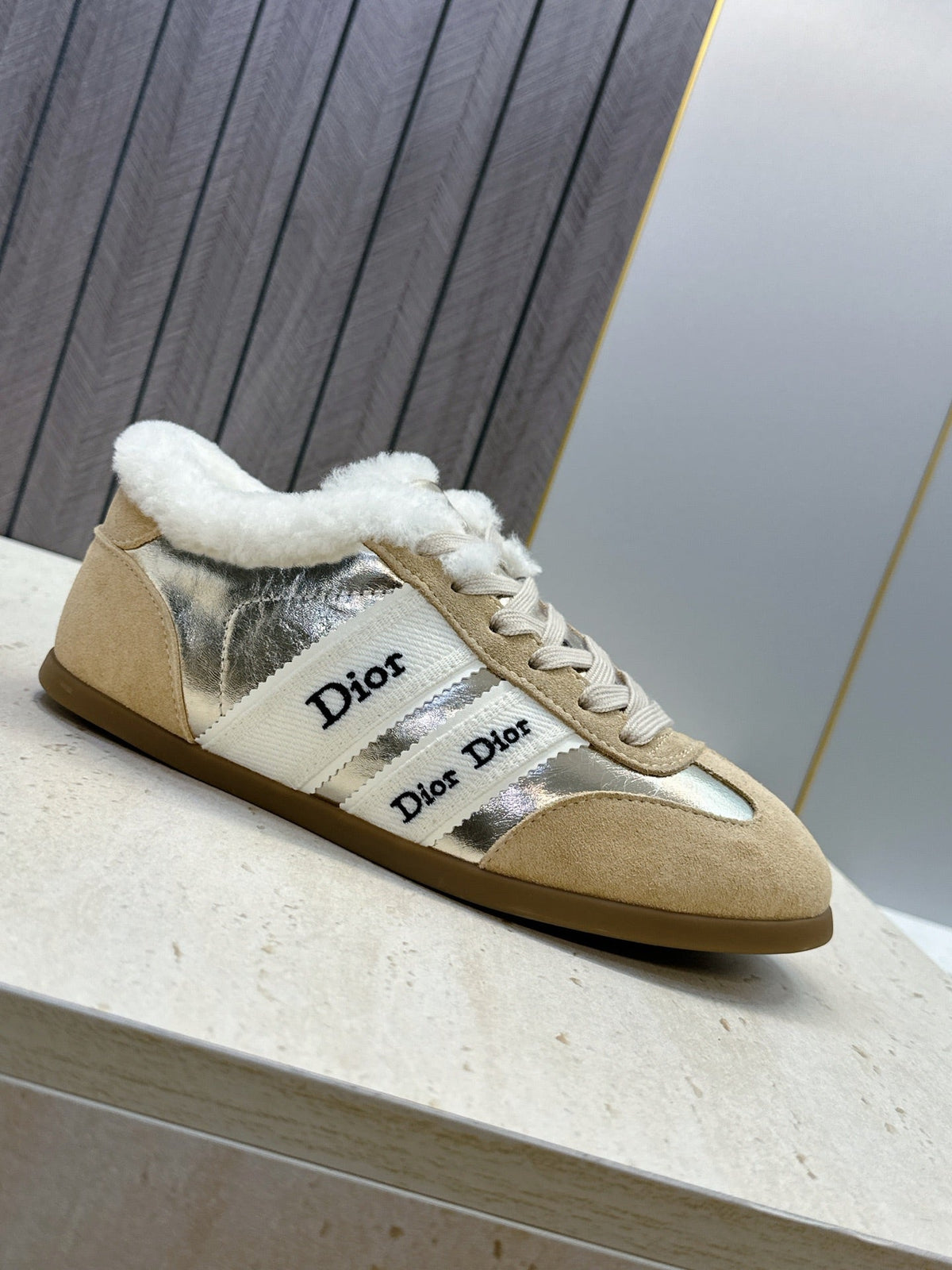 CD 26s Chrono Sneakers Gold Beige Metallic Suede Shearling 118427