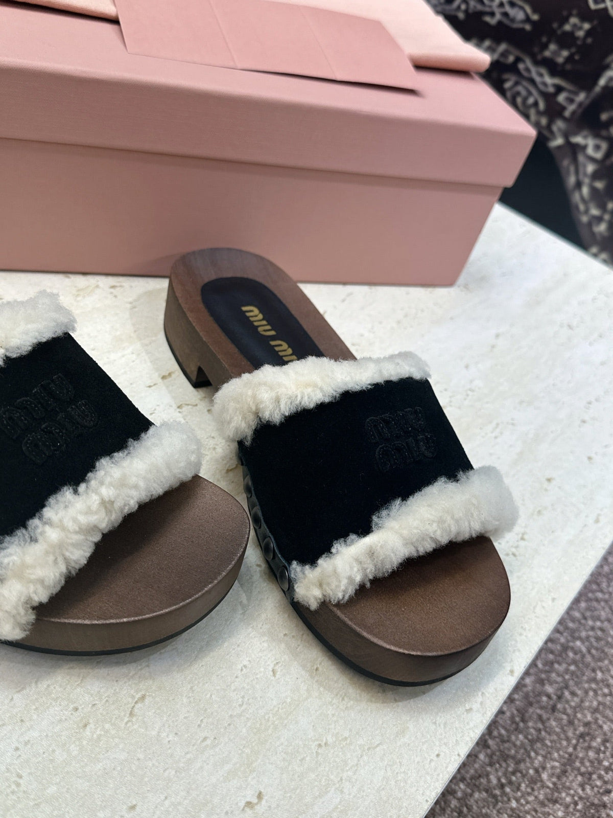 Miu Miu Clog Sandals Black Suede Fur 118380