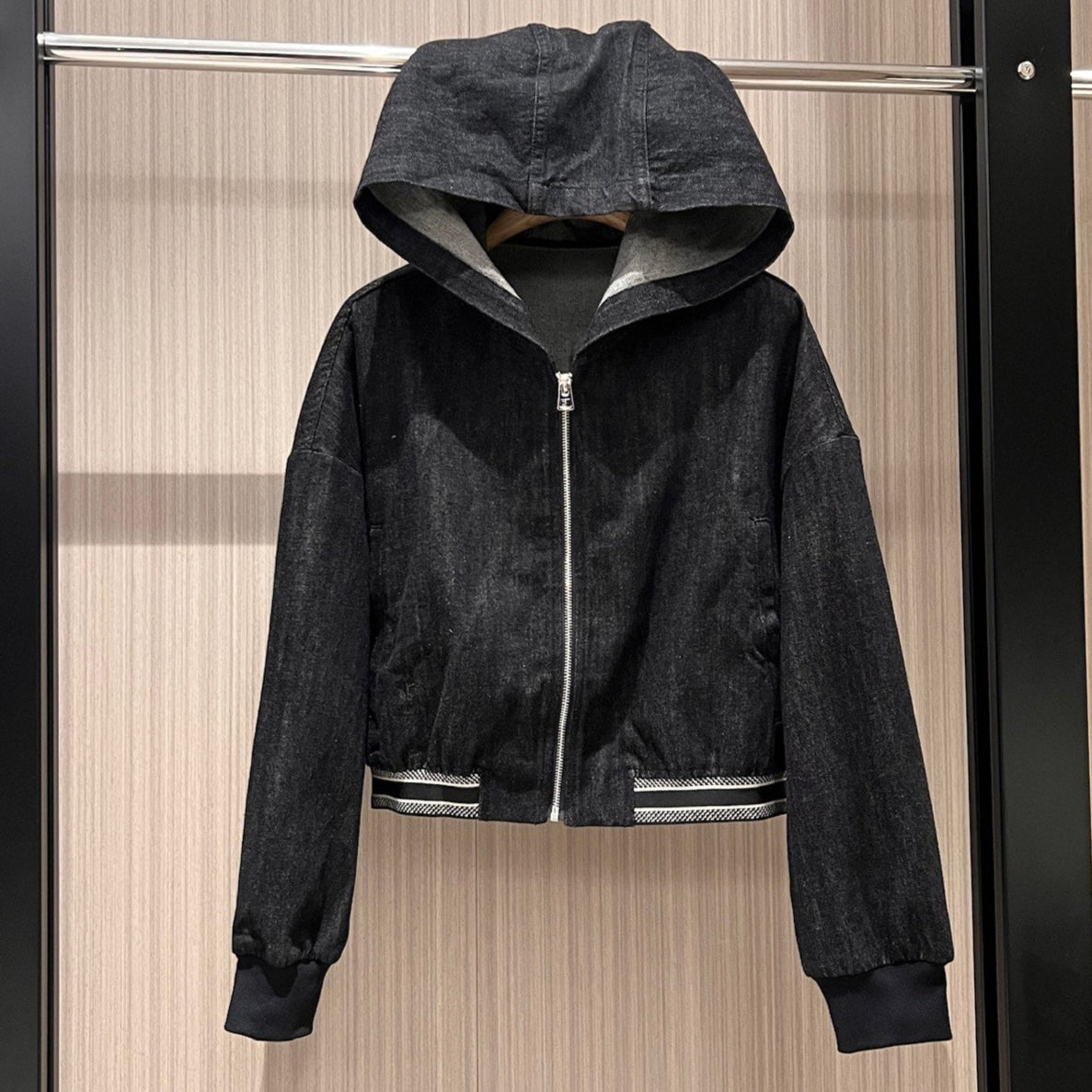 CD Hooded Waistband Denim Jacket Black mix Gray Cotton
