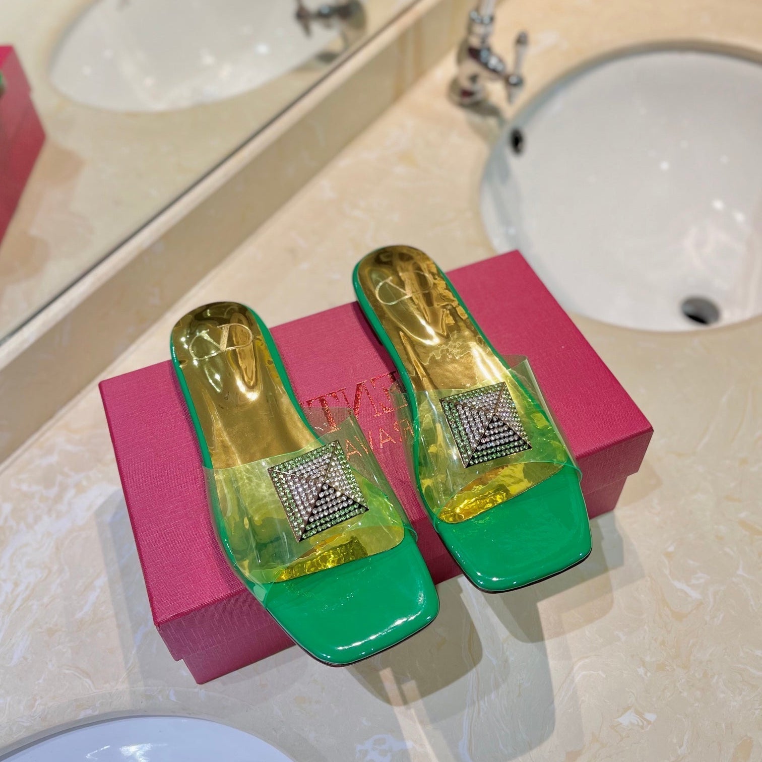Valentino 26s Flat Slides Green Mix Gold Lambskin With Crystal