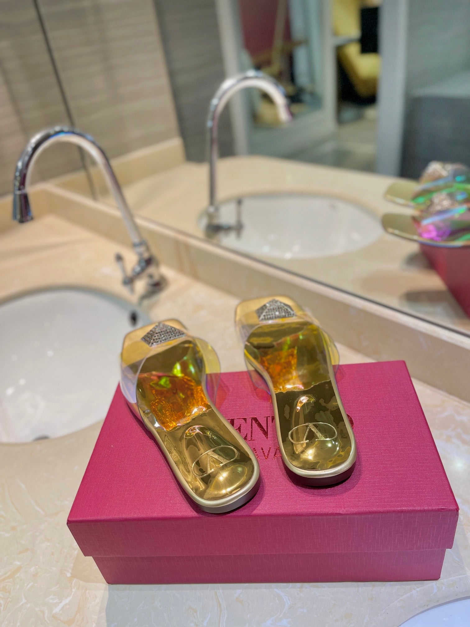 Valentino 26s Flat Slides Gold Lambskin With Crystal