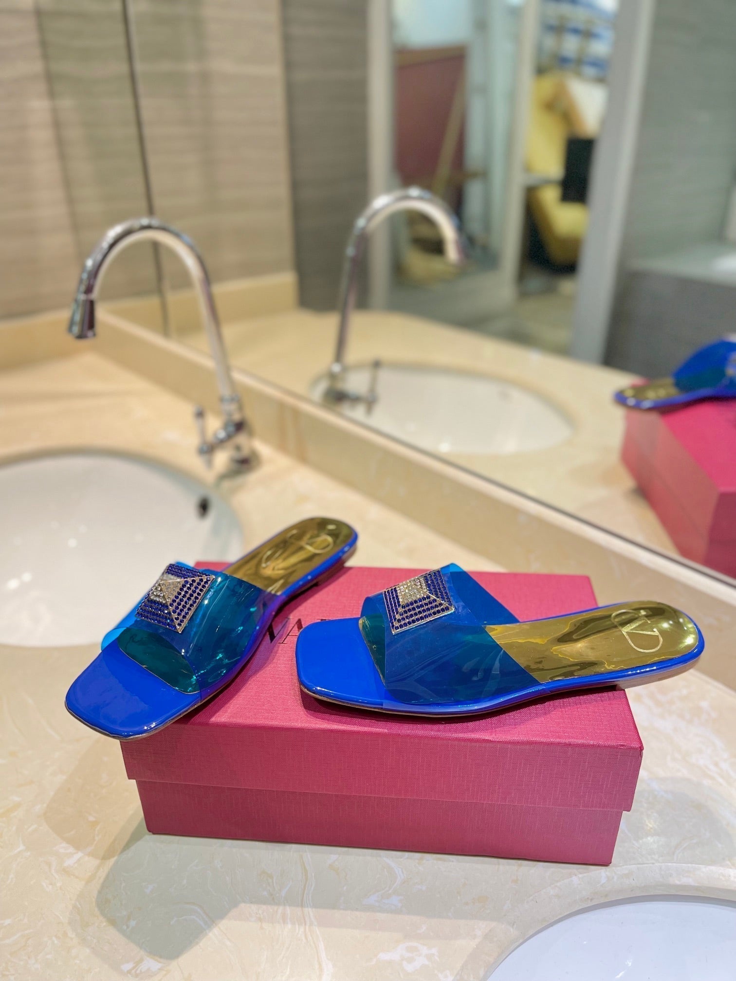 Valentino 26s Flat Slides Blue Mix Gold Lambskin With Crystal