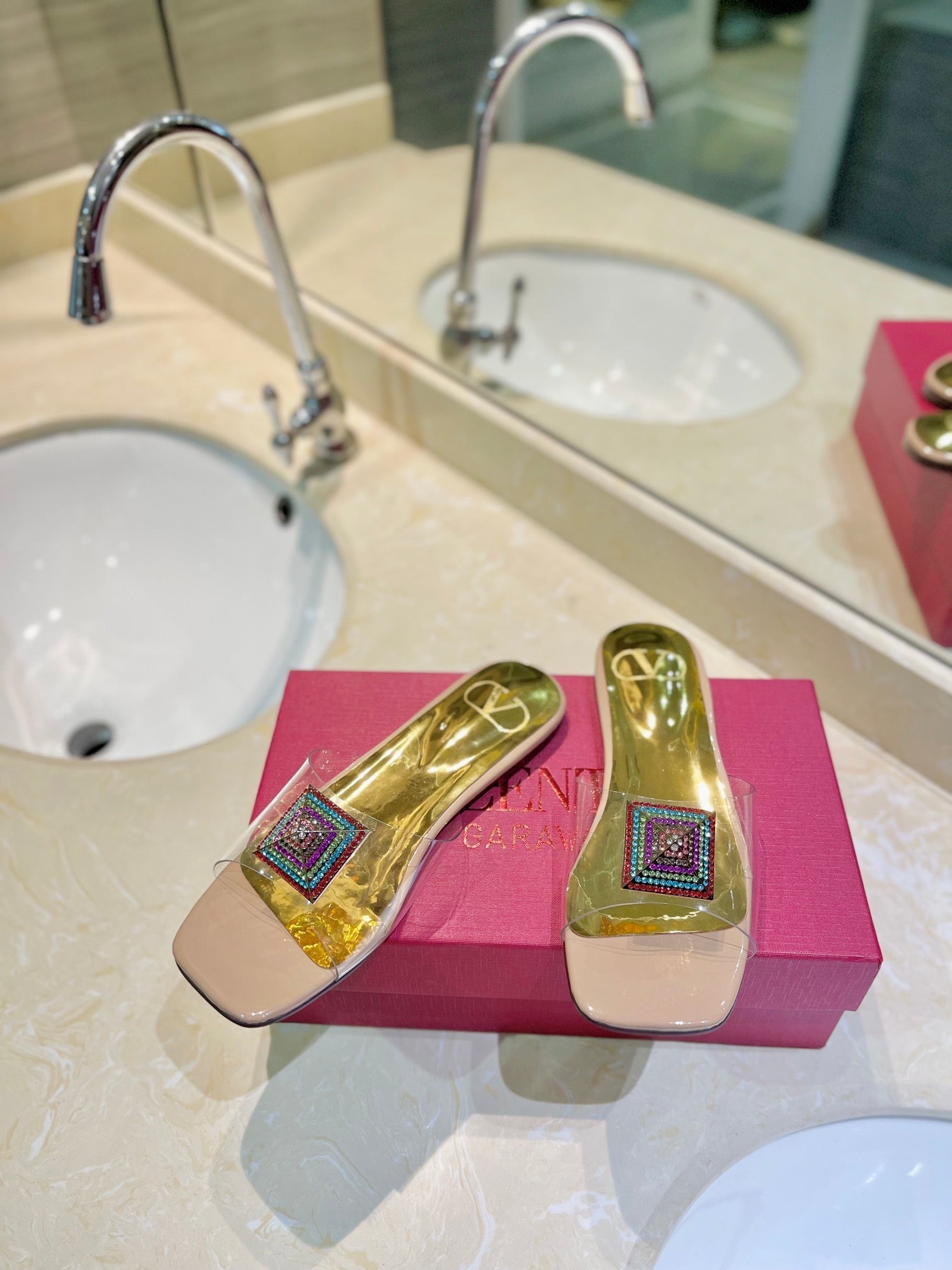 Valentino 26s Flat Slides Nude Mix Gold Lambskin With Crystal