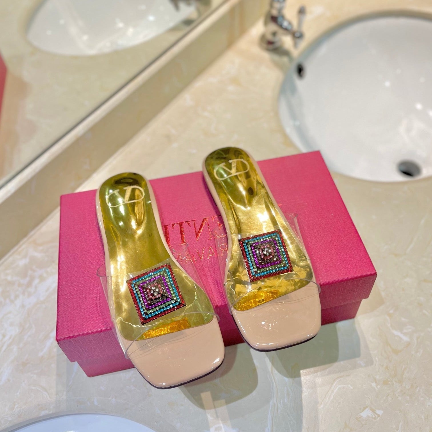 Valentino 26s Flat Slides Nude Mix Gold Lambskin With Crystal